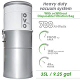 OVO 700 Airwatts-Sistema de vacío Central de Alta Resistencia, filtración híbrida (con o sin Bolsas Desechables) Cubo de Polvo de Carga Inferior de 35 L o 9.25 galones, Blanco