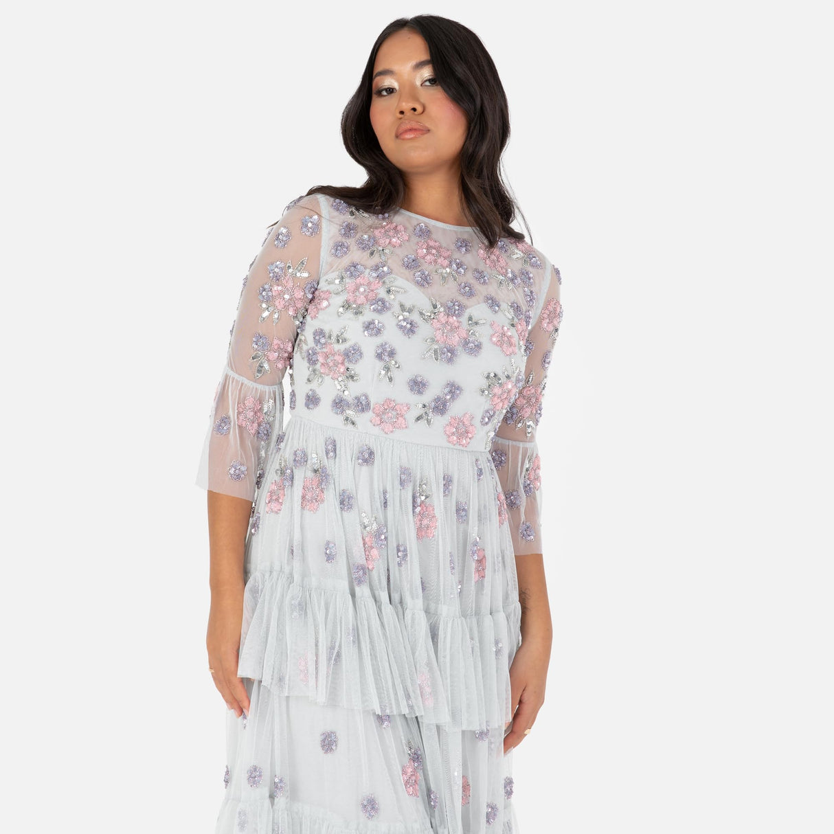 Maya Deluxe Women's Ladies Maxi Dress Round Neck 3/4 Sleeve Floral Sequin Embellished Ruffle A-Line for Wedding Guest Prom Ball Gown Vestido, Glacier Grey, 42 para Mujer