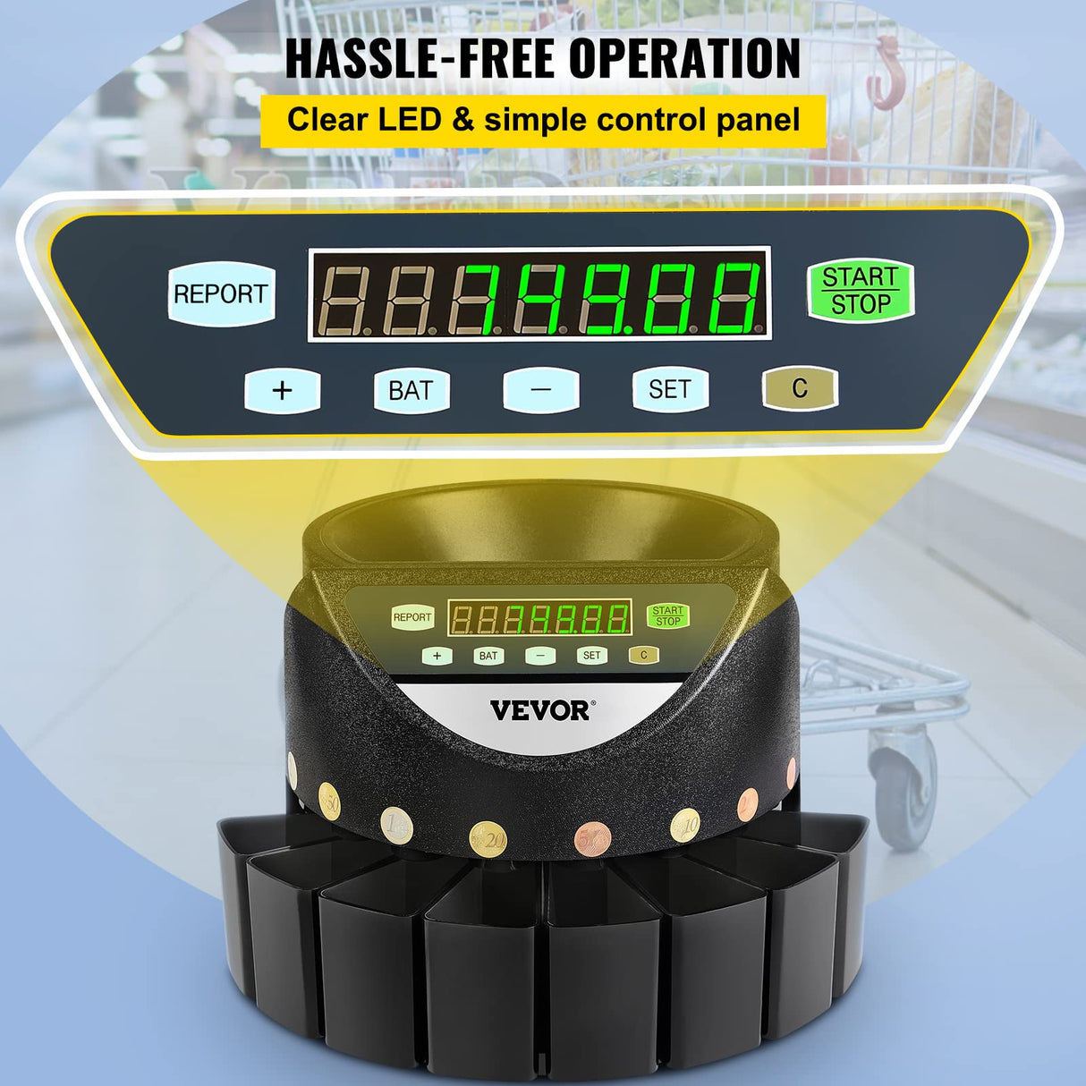 VEVOR Contador de Monedas Euro Profesional 220 V, Clasificador de Monedas Pantalla LED de 7 Dígitos 170 Monedas por Minuto, Máquina de Conteo de Monedas con 8 Cajas de Recolección de Alta Precisión