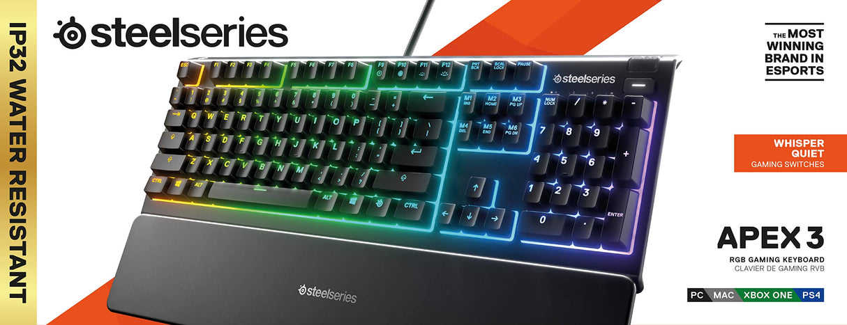 SteelSeries Apex 3 - Teclado RGB para gaming - Iluminación RGB de 10 zonas - Resistencia al agua IP32 - Reposamuñecas magnético superior - Teclado QWERTY Estadounidense