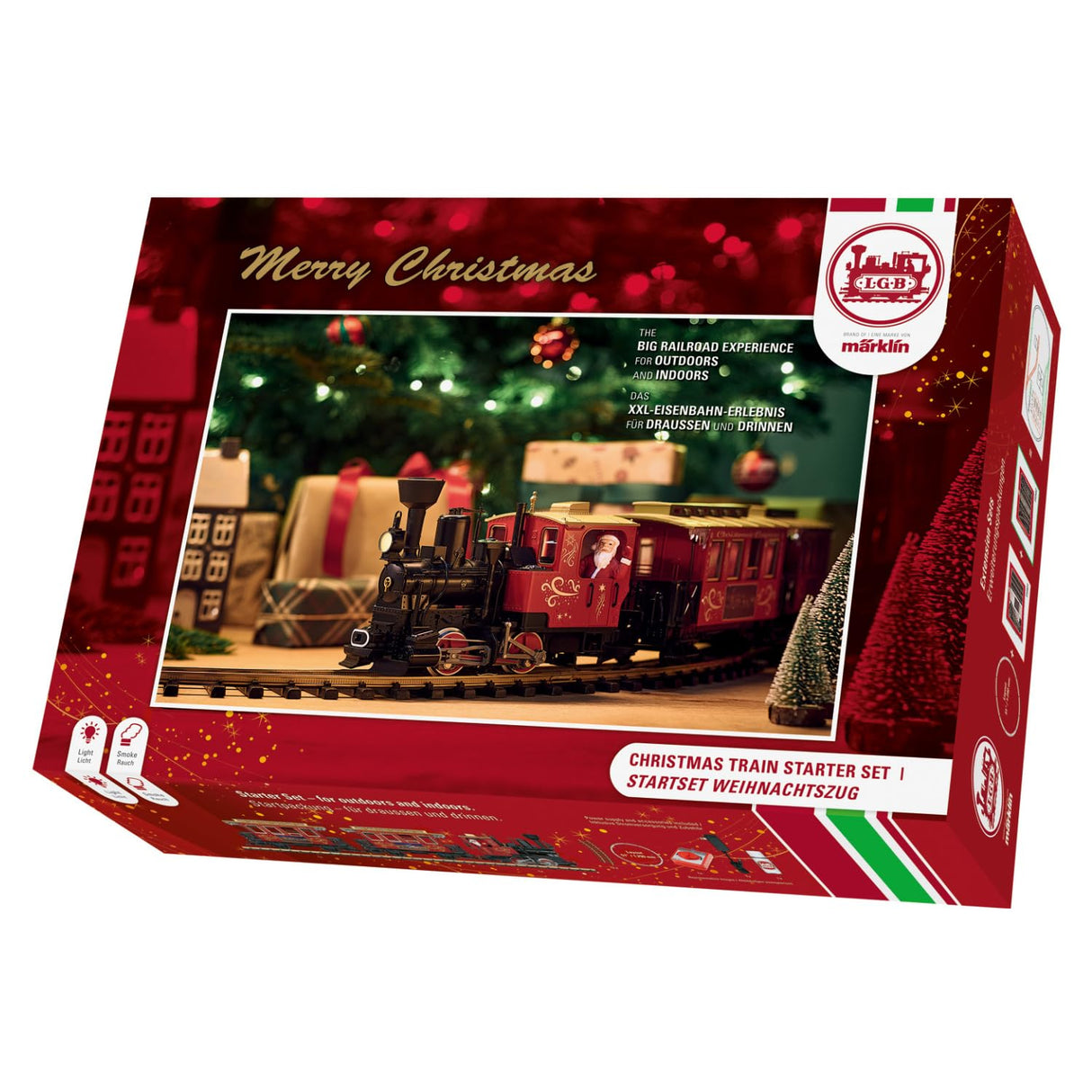 LGB – 70308 Gartenbahn Starter Set de Tren de Navidad con Locomotora y Dos vagones, ferrocarril al Aire Libre, Carril G