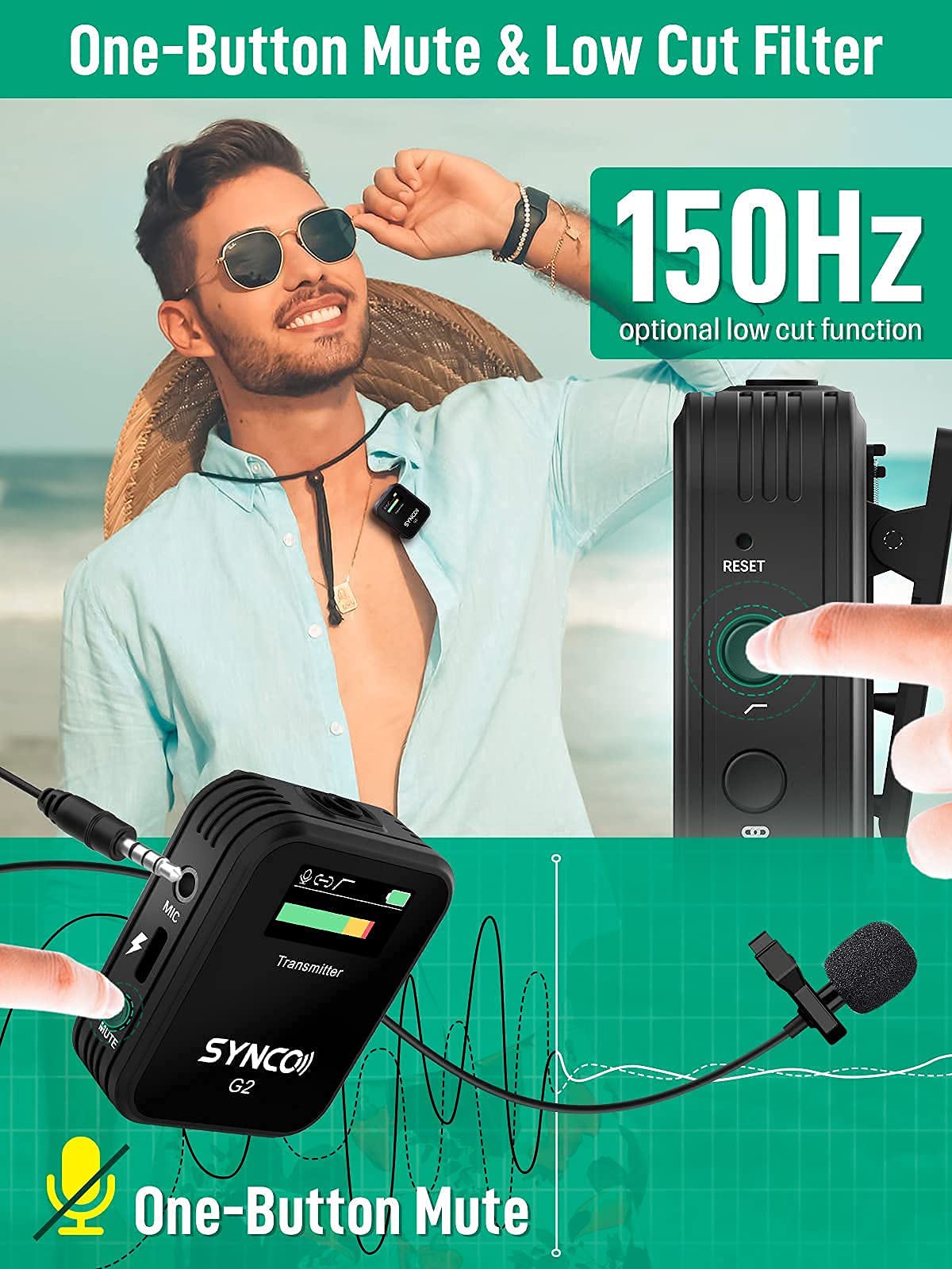 SYNCO Micrófono Solapa Inálambrico, G2 A1 Micro Corbata Profesional 2.4GHz Transmisión 70m para DSLR Cámara Móvil Videocámara Laptop y Tablet, Microfono-Lavalier-Solapa-Inálambrico-Corbata