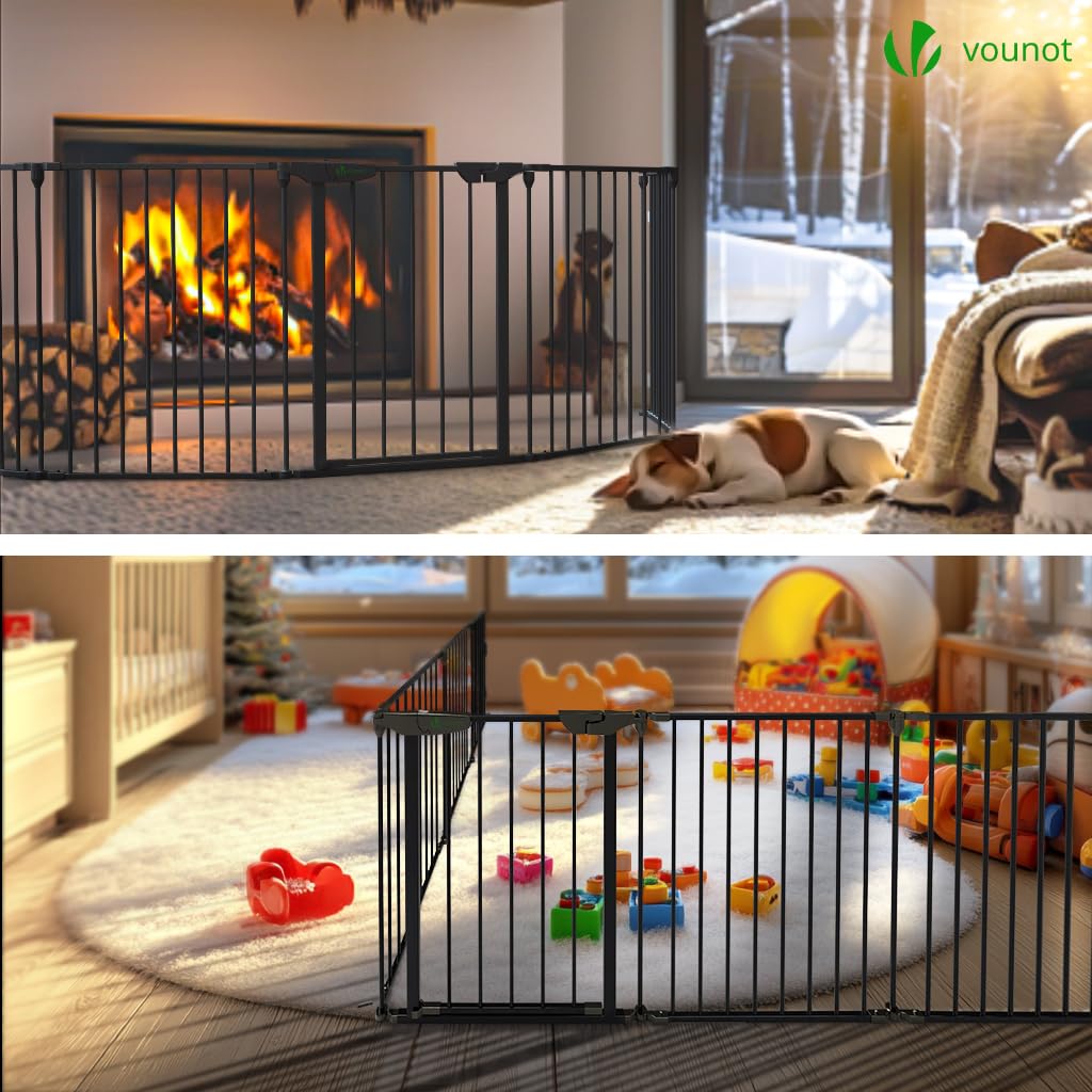 VOUNOT® Barrera de Seguridad Multifunción 6 Paneles, Rejilla de Protección de Metal para Chimenea Puertas Escaleras, Parque Recinto para Perros Corralito para Mascotas Valla Plegable, 74x375 cm, Negro