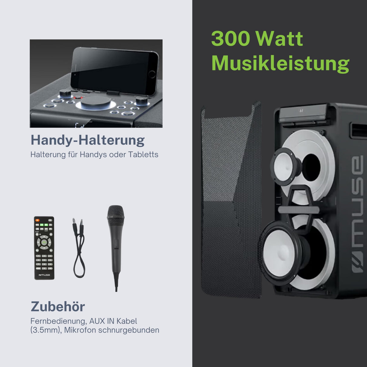 Muse M1920DJ Equipo PA con batería de 300 W con CD, Bluetooth y Efectos de luz (USB, AUX, micrófono, Mando a Distancia), Color Negro
