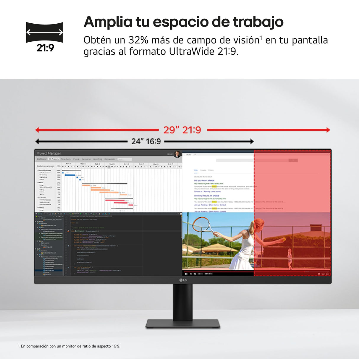 LG 29U511A-B - Monitor UltraWide 29" (2560x1080), 21:9, Panel IPS UWFHD, HDR10, 100Hz, 5ms (GtG), Super Resolution+, Negro con Textura, FlickerSafe, Dual Controller, Inclinación Ajustable, Multitarea