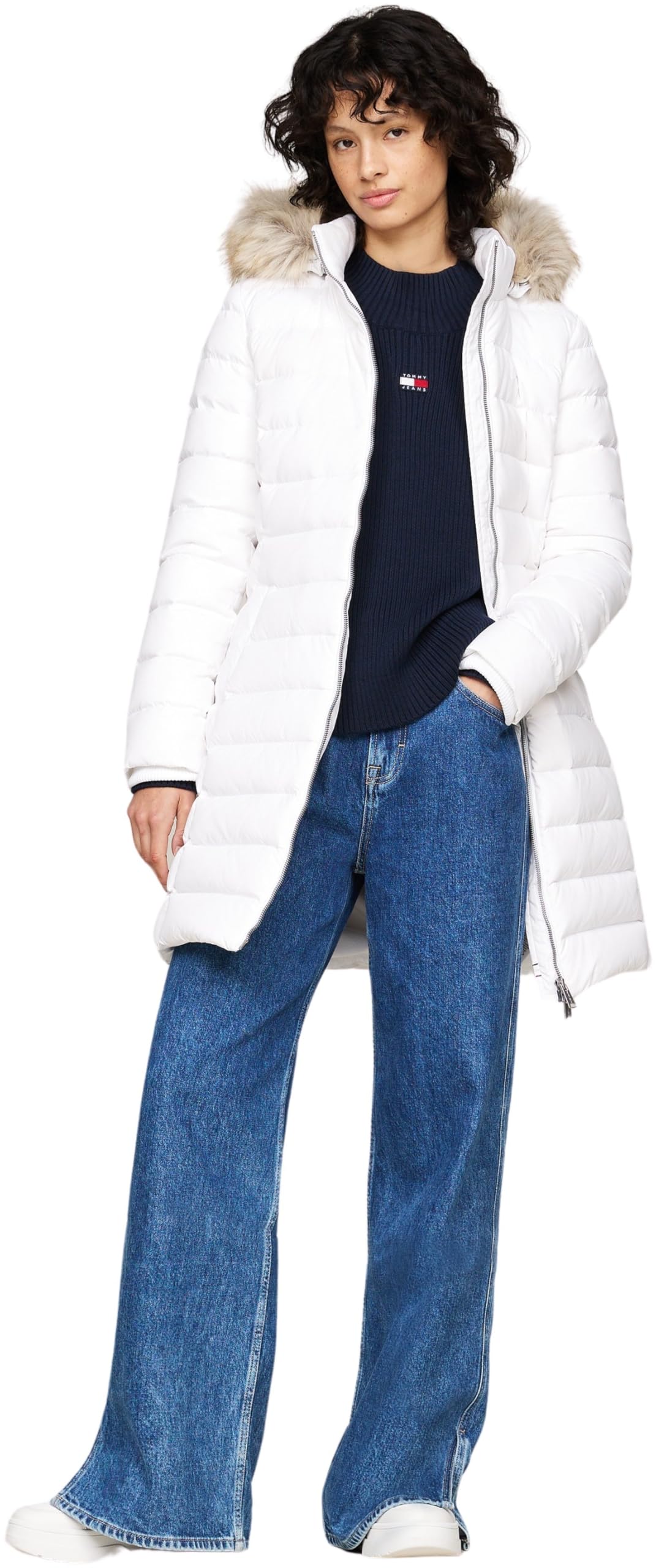 Tommy Jeans Abrigo de Plumas Mujer Essential Hooded Down Coat con Piel Sintética, Blanco (White), L