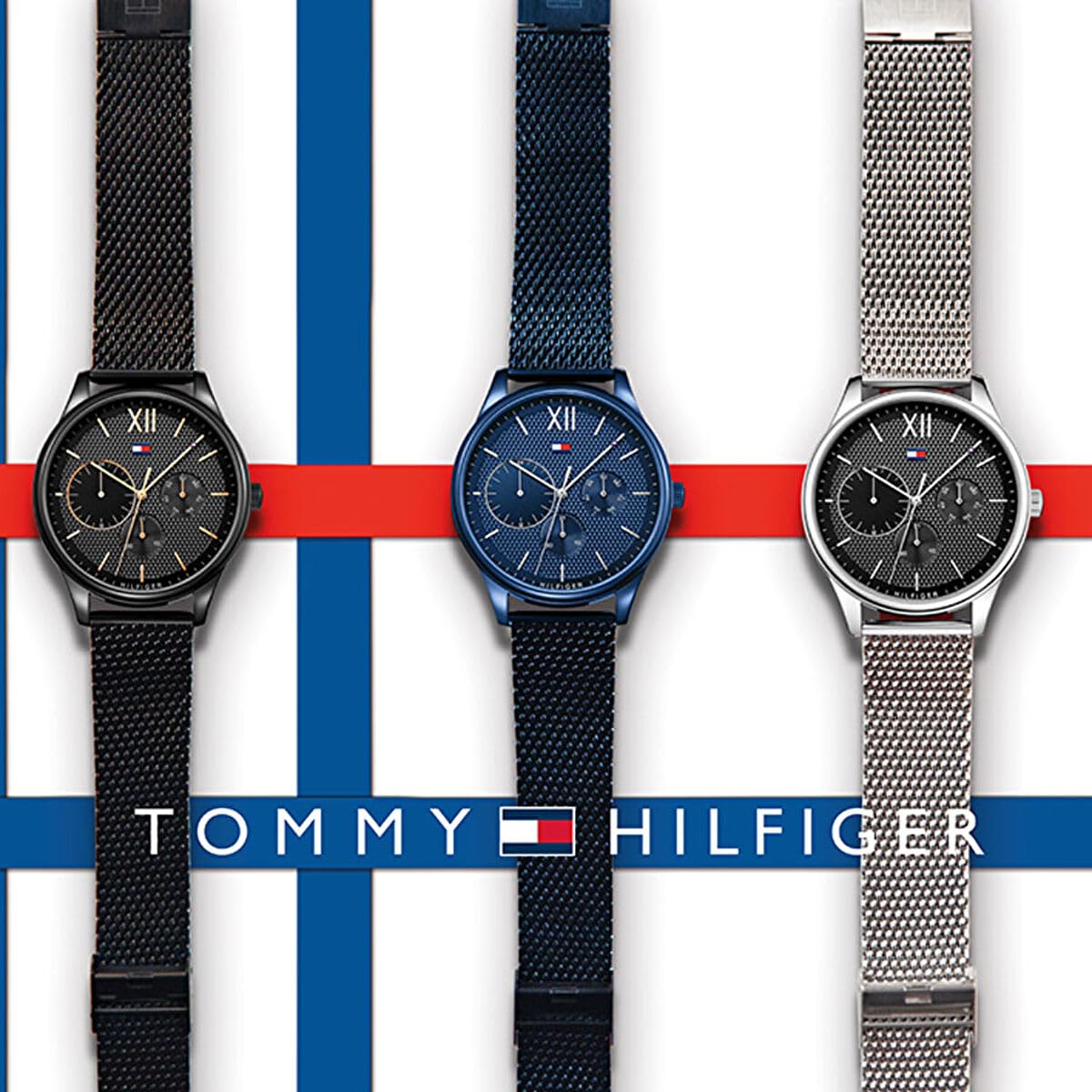 Tommy Hilfiger Reloj Multifunción de Cuarzo para Hombre de 44 mm - Esfera Negra con Motivo Clou de Paris, Pulsera de Malla de Acero Inoxidable Negra, Resistente al Agua 5ATM - 1791420