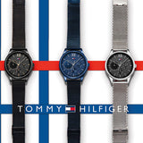 Tommy Hilfiger Reloj Multifunción de Cuarzo para Hombre de 44 mm - Esfera Negra con Motivo Clou de Paris, Pulsera de Malla de Acero Inoxidable Negra, Resistente al Agua 5ATM - 1791420