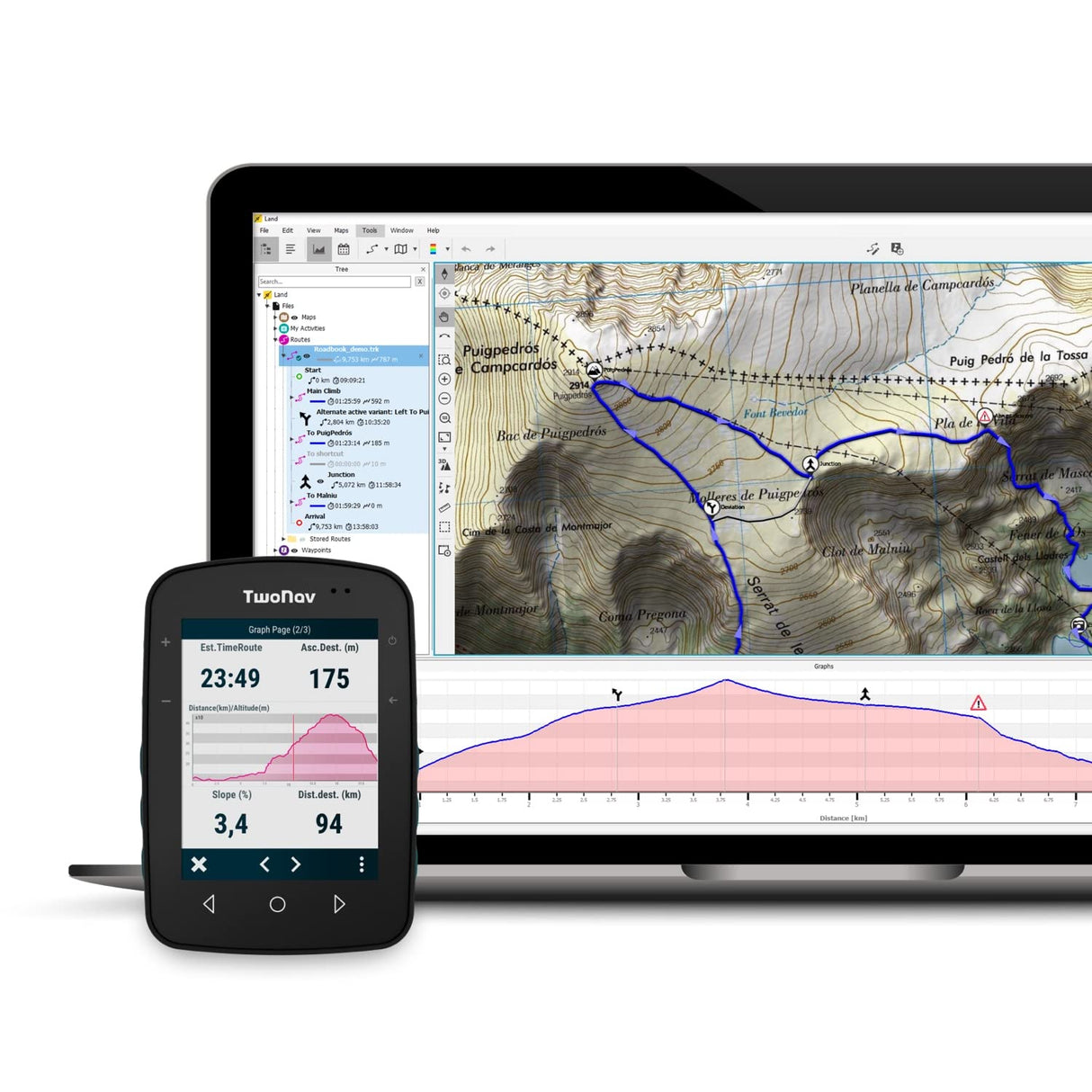 TwoNav Terra + Pulsómetro, GPS con Pantalla Amplia 3.7 Pulgadas para montaña, Senderismo, MTB, Bicicleta con mapas incluidos Mejor GPS MTB del 2023 según World of MTB,Turquesa