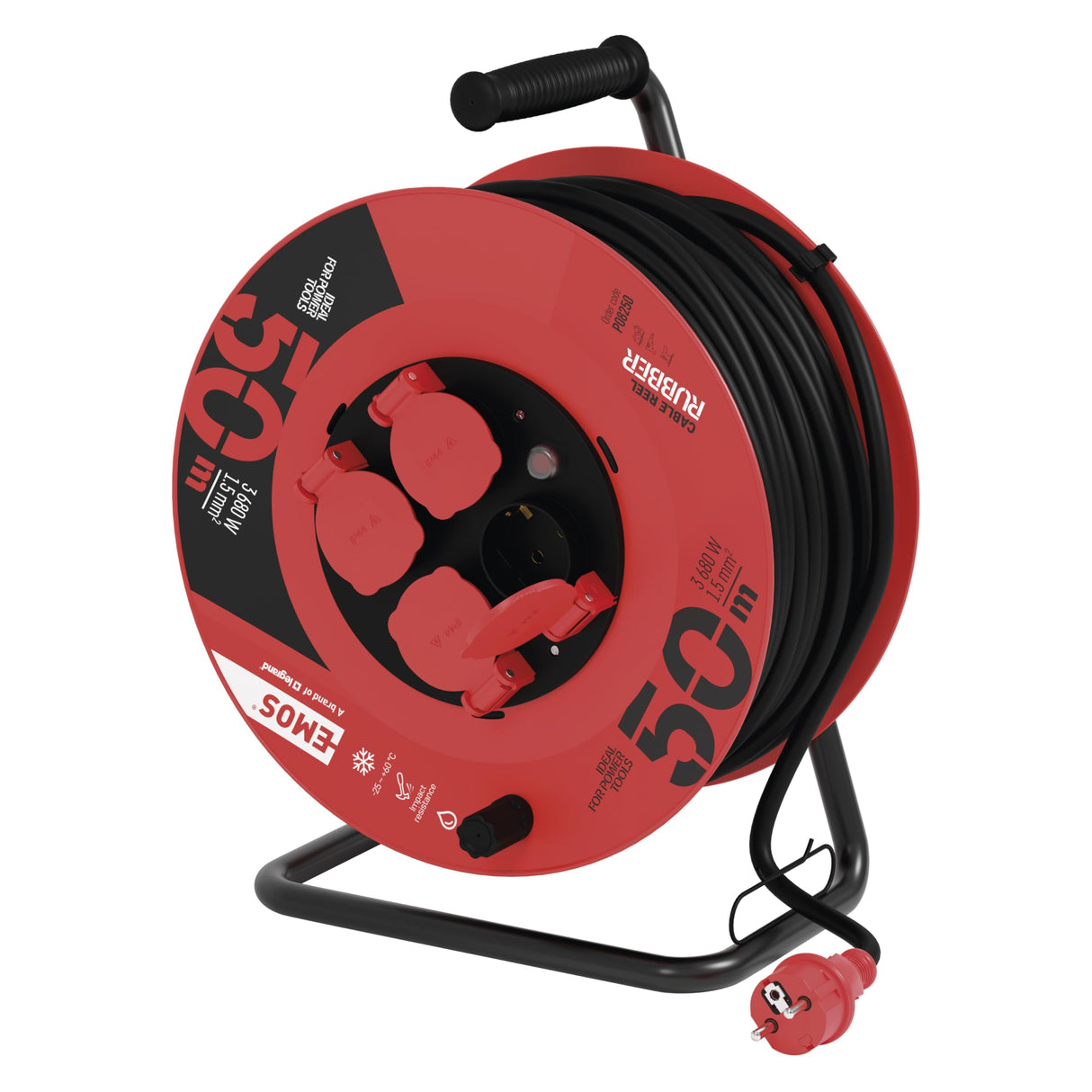 Emos P08250 Enrollacables Profesional alargador, de la Empresa, Grado de protección IP44, m de Cable con 4 enchufes Schuko, 1,5 mm2 Goma, para Uso Exterior, 50 Meter