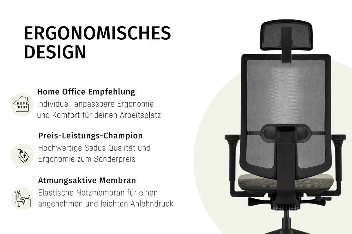 Sedus, Se:do Pro Light 2 - Silla de Oficina ergonómica, Membrana de Red, Color Negro, Soporte Lumbar, Soporte para el Cuello, Altura Regulable