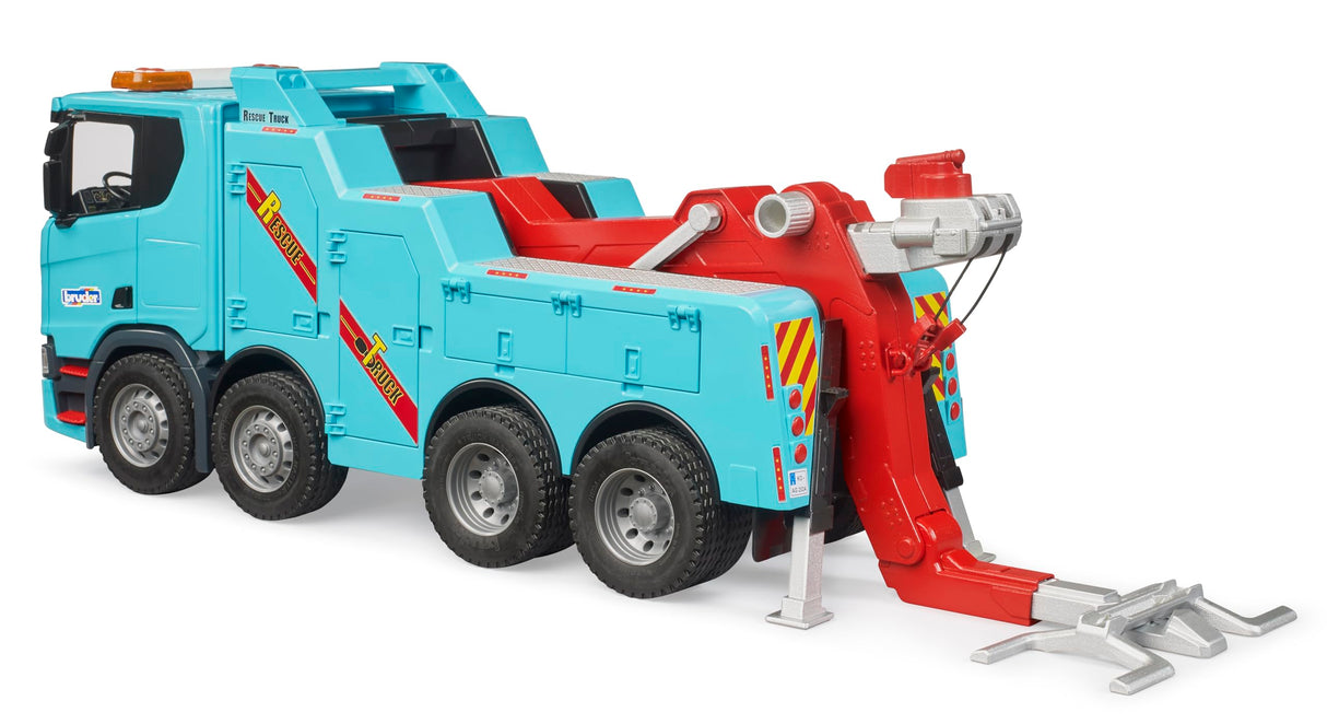 bruder 03553 - Camión de rescate y remolque Scania Super 560R con módulo de luz y sonido - 1:16 Vehículos, grúas, remolcadores, asistencia en carretera, transportadores
