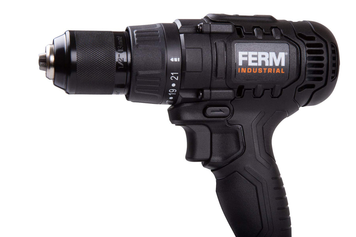 FERM Taladro inalámbrico industrial, FI20 V, 50 Nm, motor de 4 pines, incluye 2 baterías de 2,0 Ah y maletín de almacenamiento