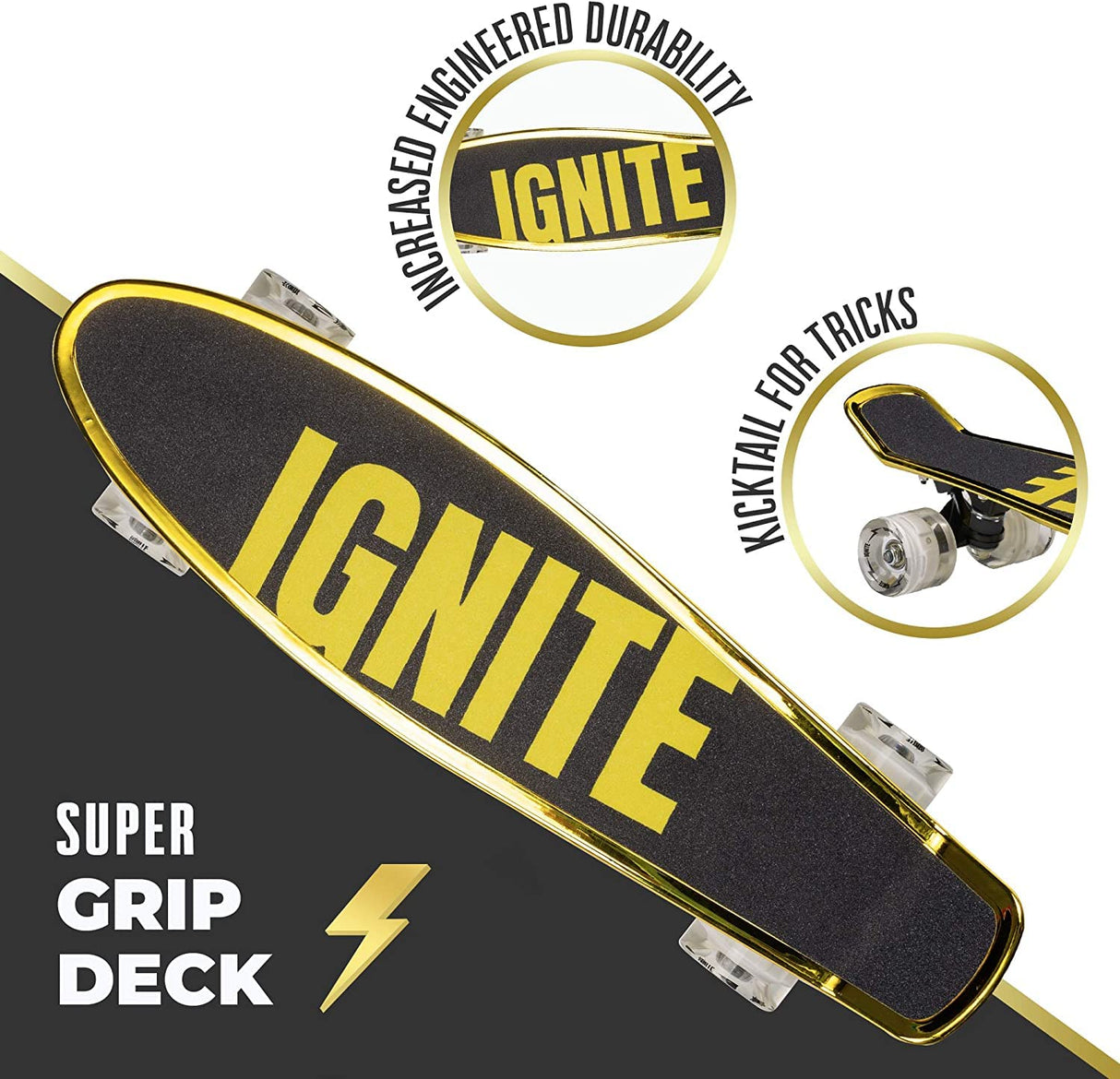 MONDO Toys-Chroma Gold Combo Pack-Monopatín Flash LED Ruedas | Casco & Protections Included – 25568 Street Ignite Poliuretano-Skate Protecciones oro-25568, tamaño único, Color, 55 x 15