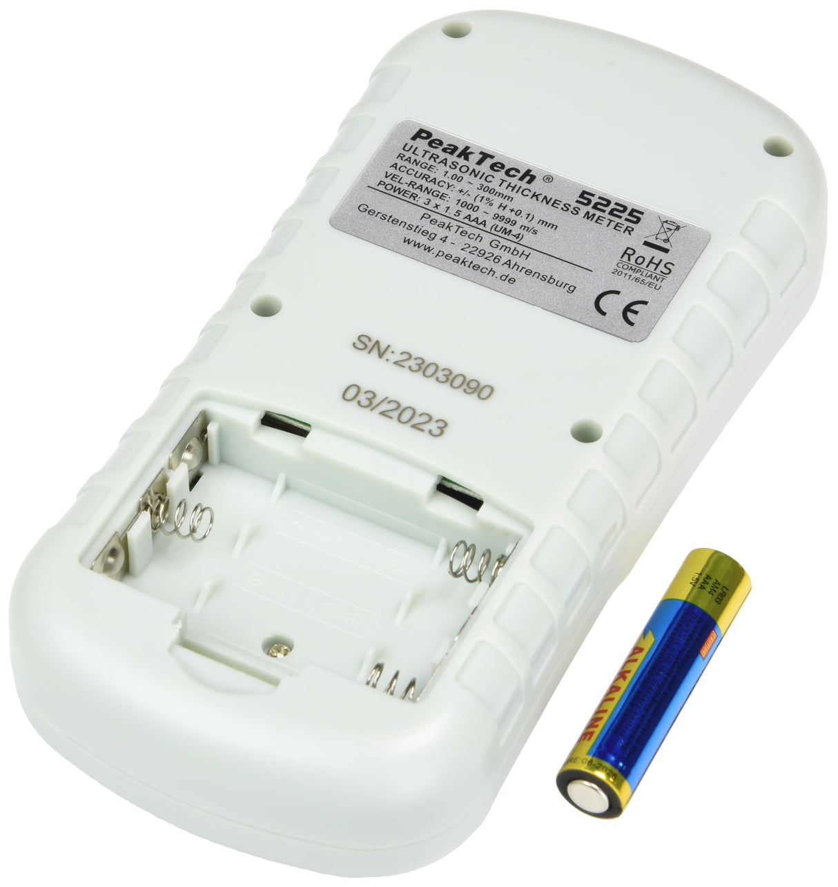 PeakTech, P 5225 Medidor de espesores por ultrasonidos para la medición precisa de espesores de material de 1,00 mm a 300,0 mm, Medidor de espesores de material con resolución de 1,00 mm a 300,0 mm