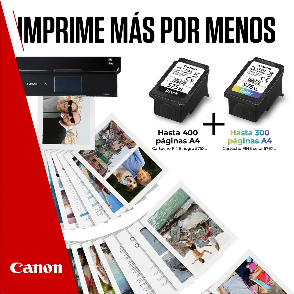 Canon Tinta y Papel - PG-575XL + CL-576XL - Pack de 2 Cartuchos Originales - (x 1 Negro, x 1 Tricolor) + Papel fotográfico 10 x 15 cm (50 Hojas)