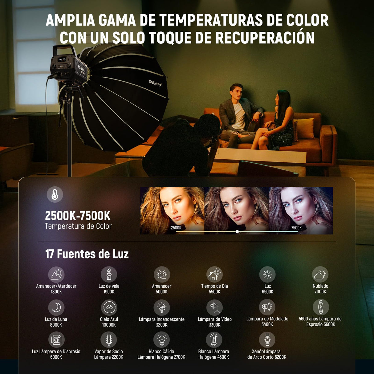 NEEWER 300W RGB Luz Video LED App/2.4G Control 17 Efecto 2500-7500K 36000lux/1m COB Iluminación Salida Continua CRI95+/TLCI97+ 4 Curvas de Atenuación Foco Bowens Mount para Estudio Fotográfico,FS300C