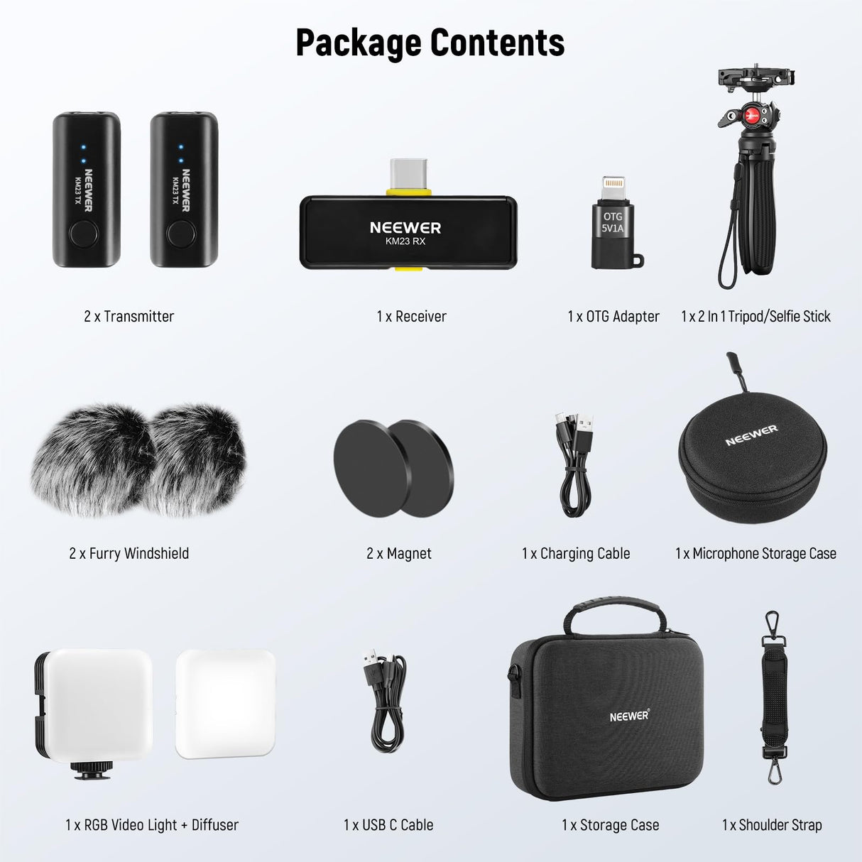 NEEWER Kit Vlogging para Teléfono con Luz LED RGB/Sistema Micrófono Inalámbrico Lavalier/Trípode para Teléfono Selfie Palo, Creador Contenido Esencial para iPhone Android Podcast Youtube, PA048