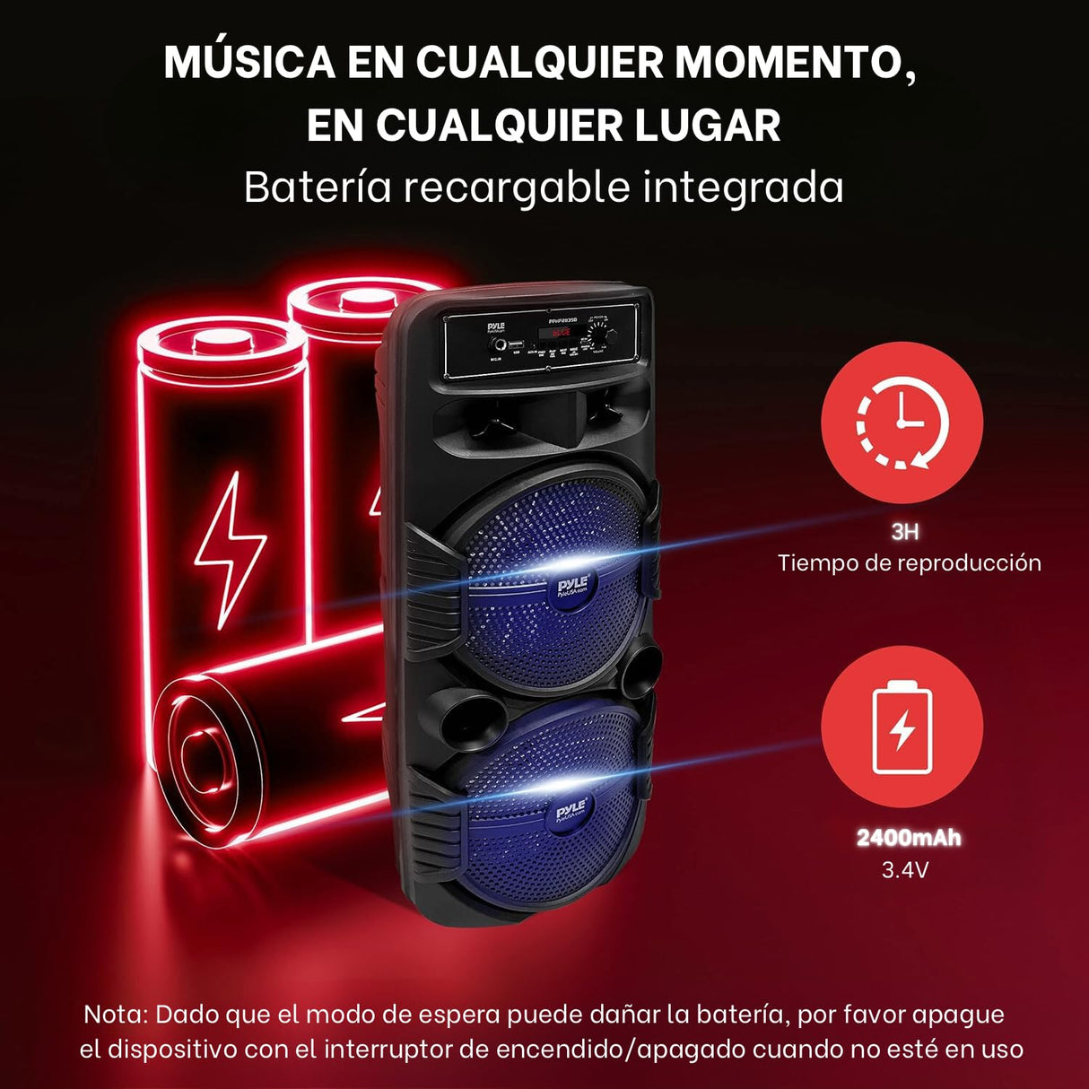 Pyle sistema de altavoces, PA, 600W, Bluetooth, Portatil, Recargable, Interiores, Exteriores, Subwoofer de 8”, Tweeter de 1”, función de grabación, micrófono, luces de fiesta, Radio USB/SD, Negro