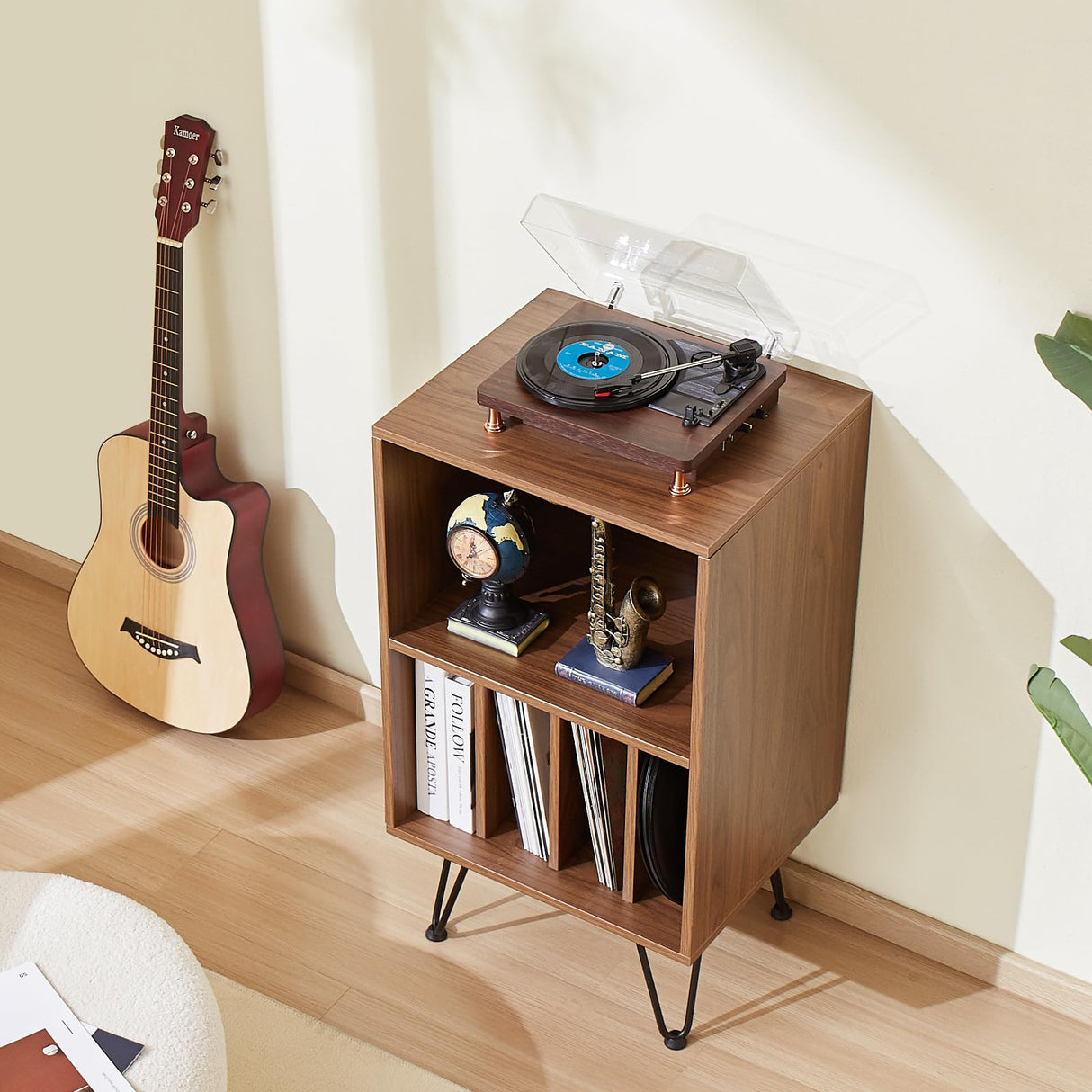 VEVOR Soporte para Tocadiscos 480 x 400 x 860 mm de 3 Niveles Capacidad Hasta 150 Álbumes, Gabinete de Almacenamiento de Discos de Vinilo con Patas de Metal para Dormitorio, Sala de estar, Marrón