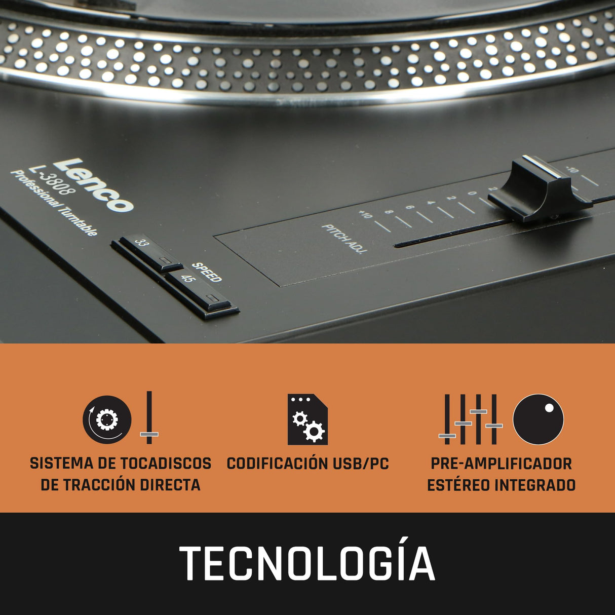 Lenco L-3808 Tocadiscos USB DJ con Direct Drive - 33/45 rpm, sistema de captación magnética, iluminación de aguja y digitalización para PC, Negro