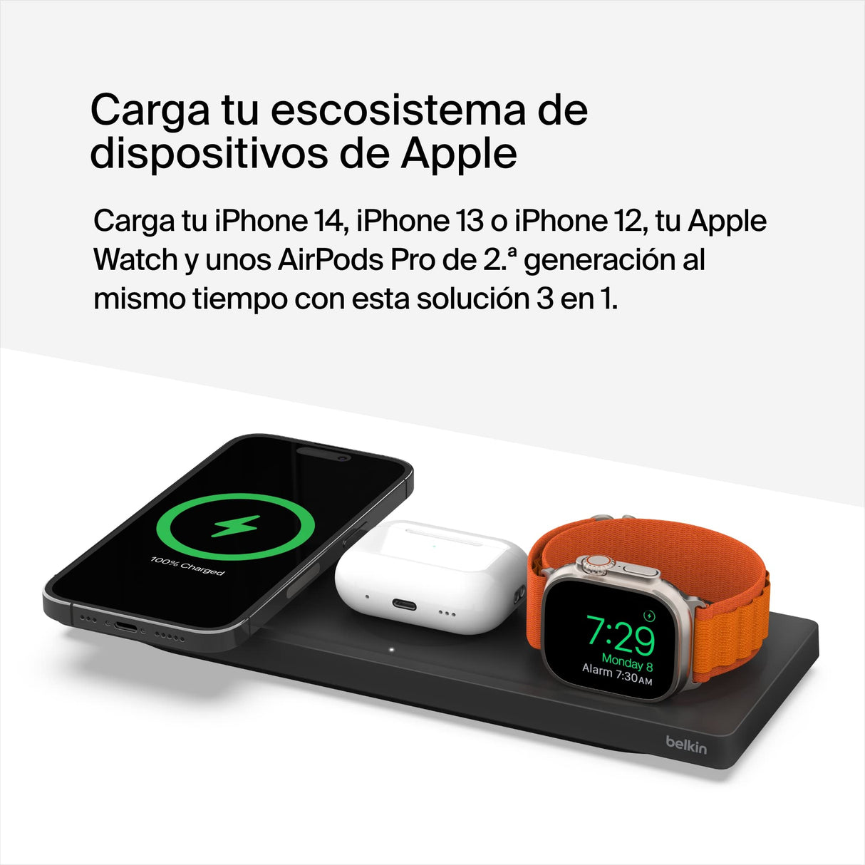 Belkin cargador MagSafe 3 en 1, certificación MFi, carga inalámbrica rápida portátil para serie de iPhone 16, 15, 14, 13, 12, Apple Watch Series 9, 8 y posteriores, AirPods 2 y AirPods Pro