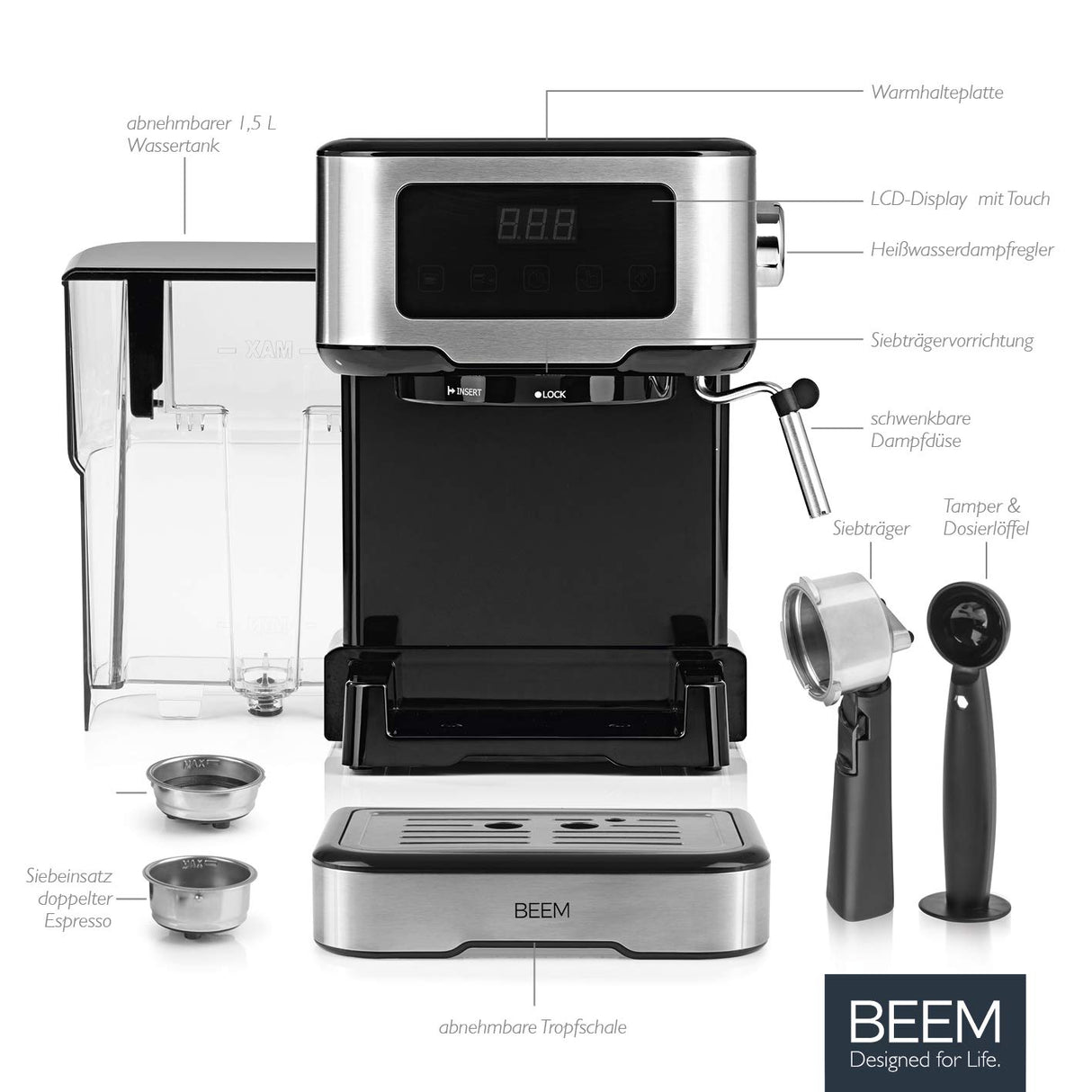 BEEM ESPRESSO-SELECT-TOUCH cafetera semiautomática con pantalla táctil de 15 bares | Espresso, cappuccino, latte macchiato, calidad de barista | Carcasa de acero inoxidable cepillado