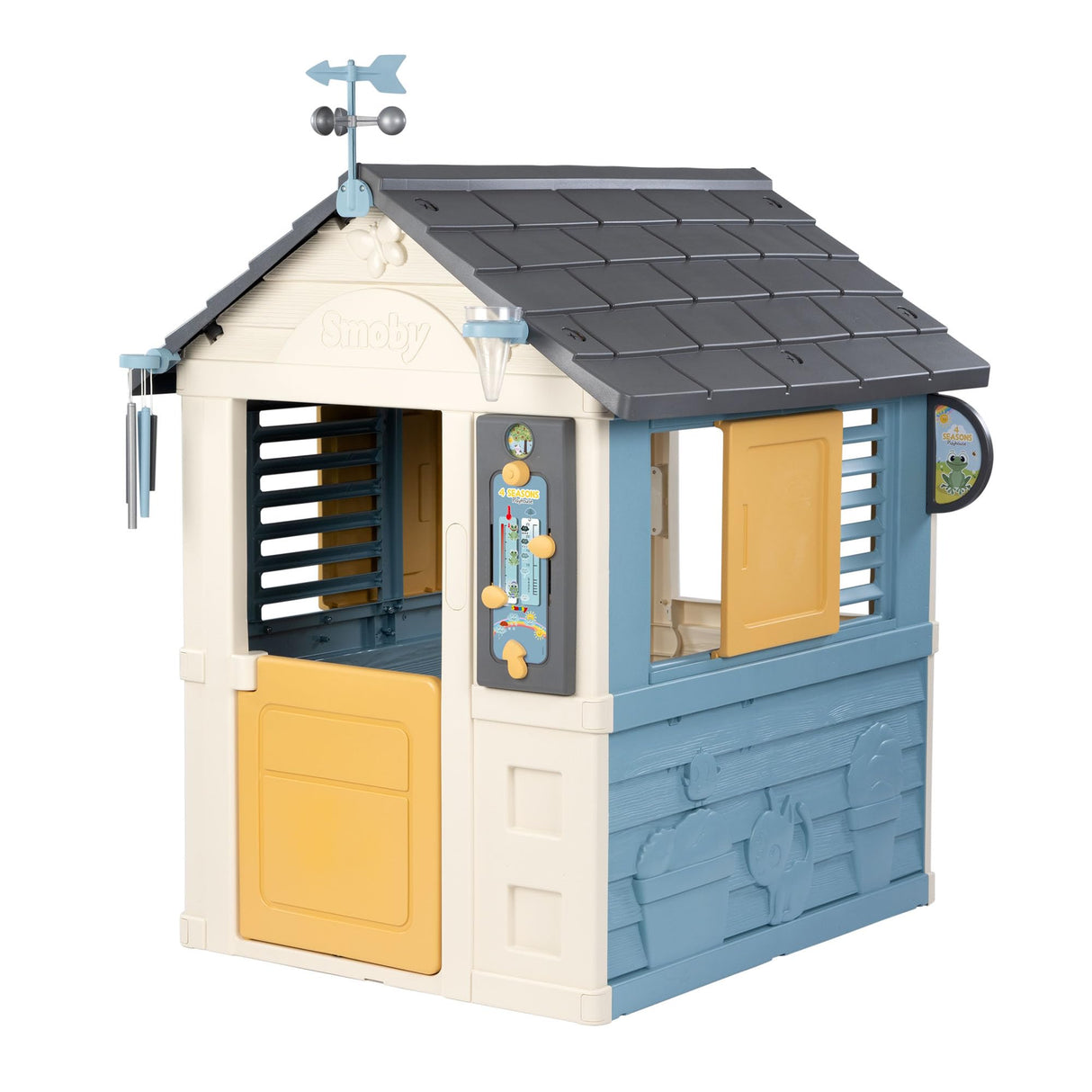 Smoby- Casa 4 Estaciones- para Aprender sobre Las Estaciones, Carillón de Viento, Veleta, Pluviómetro y Tablero Didáctico, A Partir de 2 años, Medidas: 102,7 x 121,8 x 143,4 cm (7600810731)