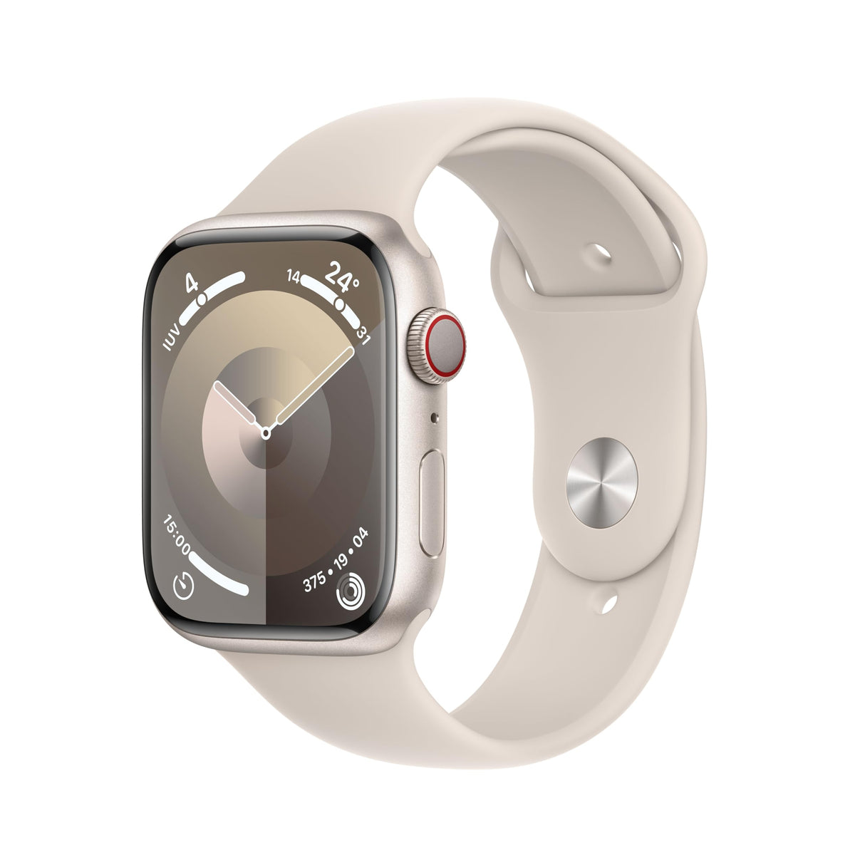 Apple Watch Series 9 [GPS + Cellular] Smartwatch con Caja de Aluminio en Blanco Estrella de 45 mm y Correa Deportiva Blanco Estrella - Talla S/M. Monitor de entreno, App Oxígeno en Sangre