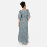 Maya Deluxe Women's Ladies Maxi Dress V-Neck Short Angel Sleeve Sequin Embellished A-Line Bridesmaid Wedding Guest Prom Ball Gown Vestido, Misty Green, 36 De Las Mujeres