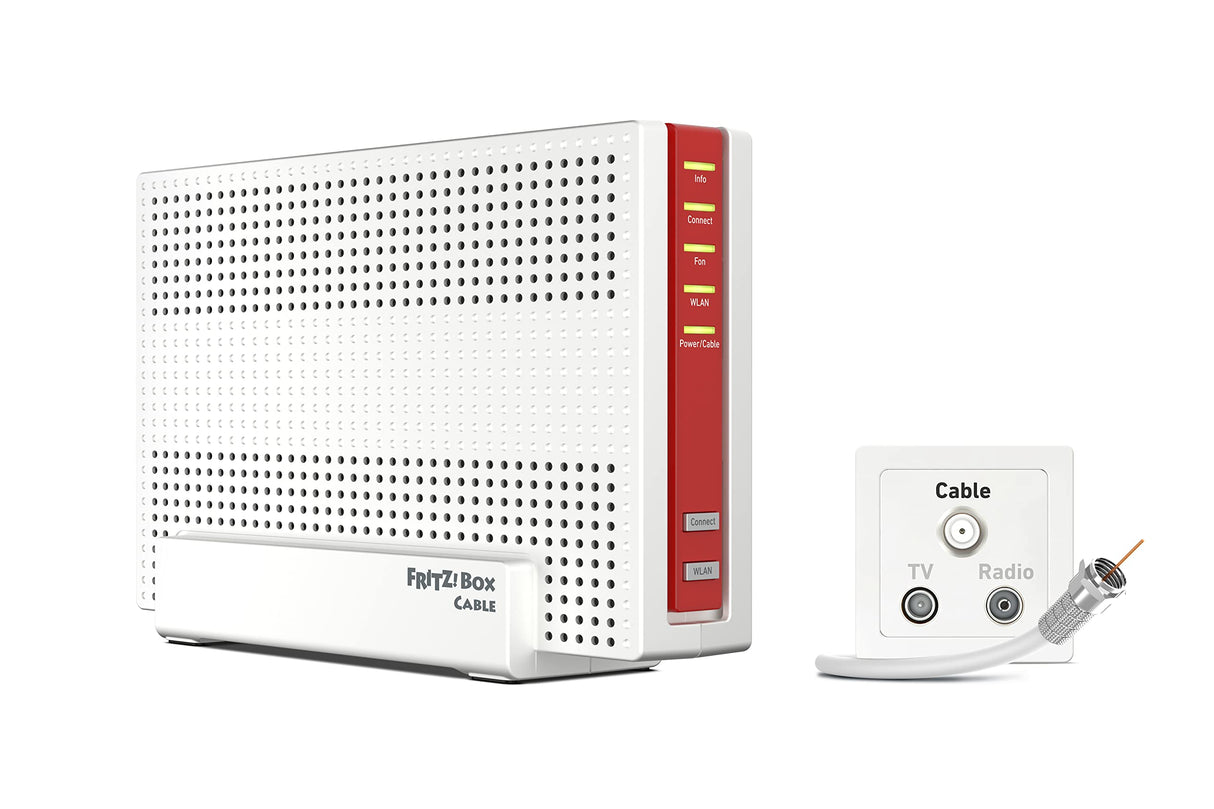 AVM ¡FRITZ! Cable Box 6690 (módem por cable DOCSIS 3.1, Wi-Fi 6 (WLAN AX) 4x4 con 4800 Mbps (5 GHz) + 1200 Mbps (2,4 GHz), 1 puerto LAN de 2,5 Gigabits, USB 3.0, DECT), blanco/rojo