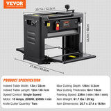 VEVOR Cepilladora de Sobremesa 1 Velocidad Cepilladora Eléctrica 13" de Ancho Regruesadora Cepilladora 2 Cuchillas Motor Potente de 15 Amperios y 1800 W Bajo Nivel de Ruido para Madera Dura y Blanda