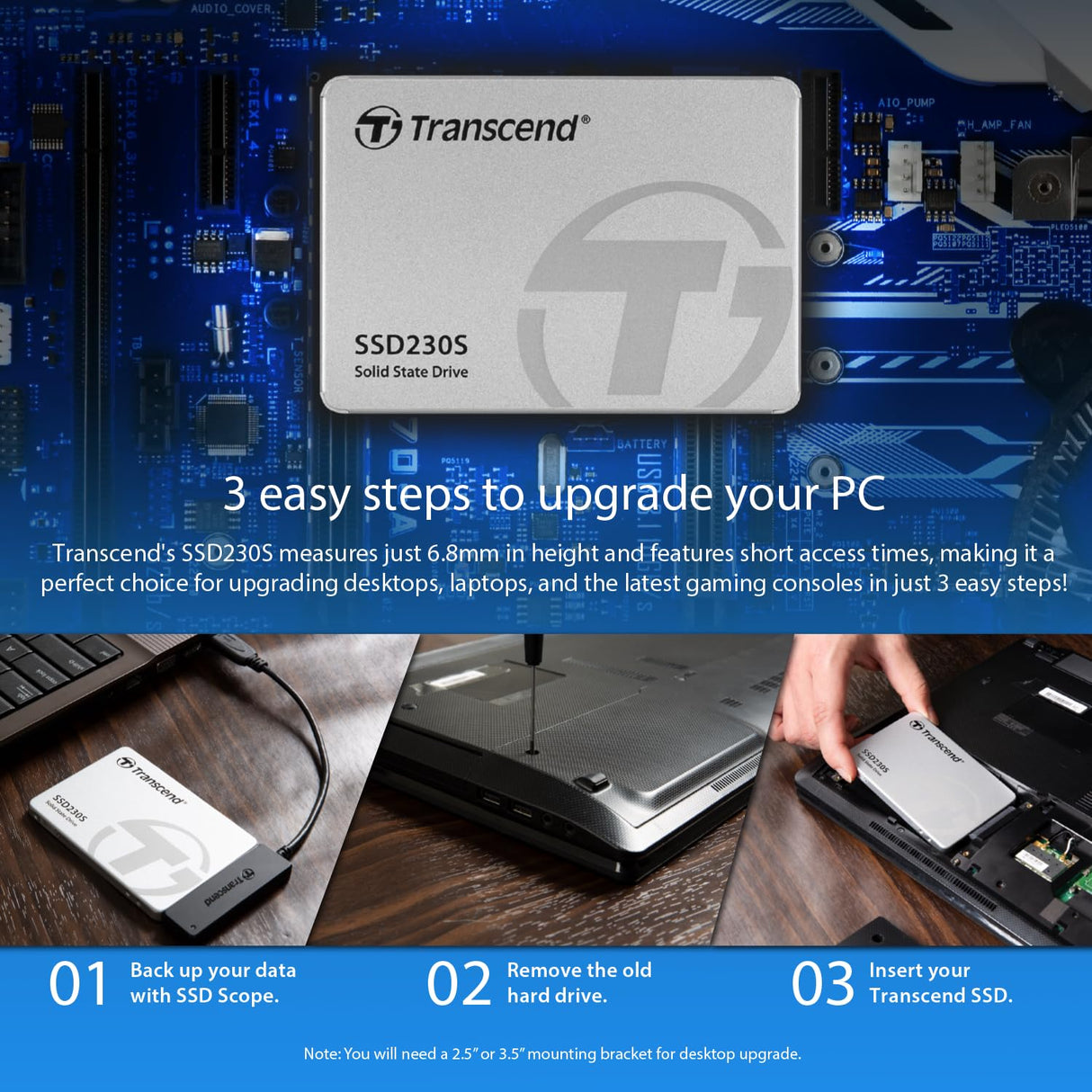 Transcend 4TB SSD230S 2.5 Pulgadas SATA III 6 GB/s Disco de Estado Sólido Interno 3D TLC NAND con Caché DRAM TS4TSSD230S