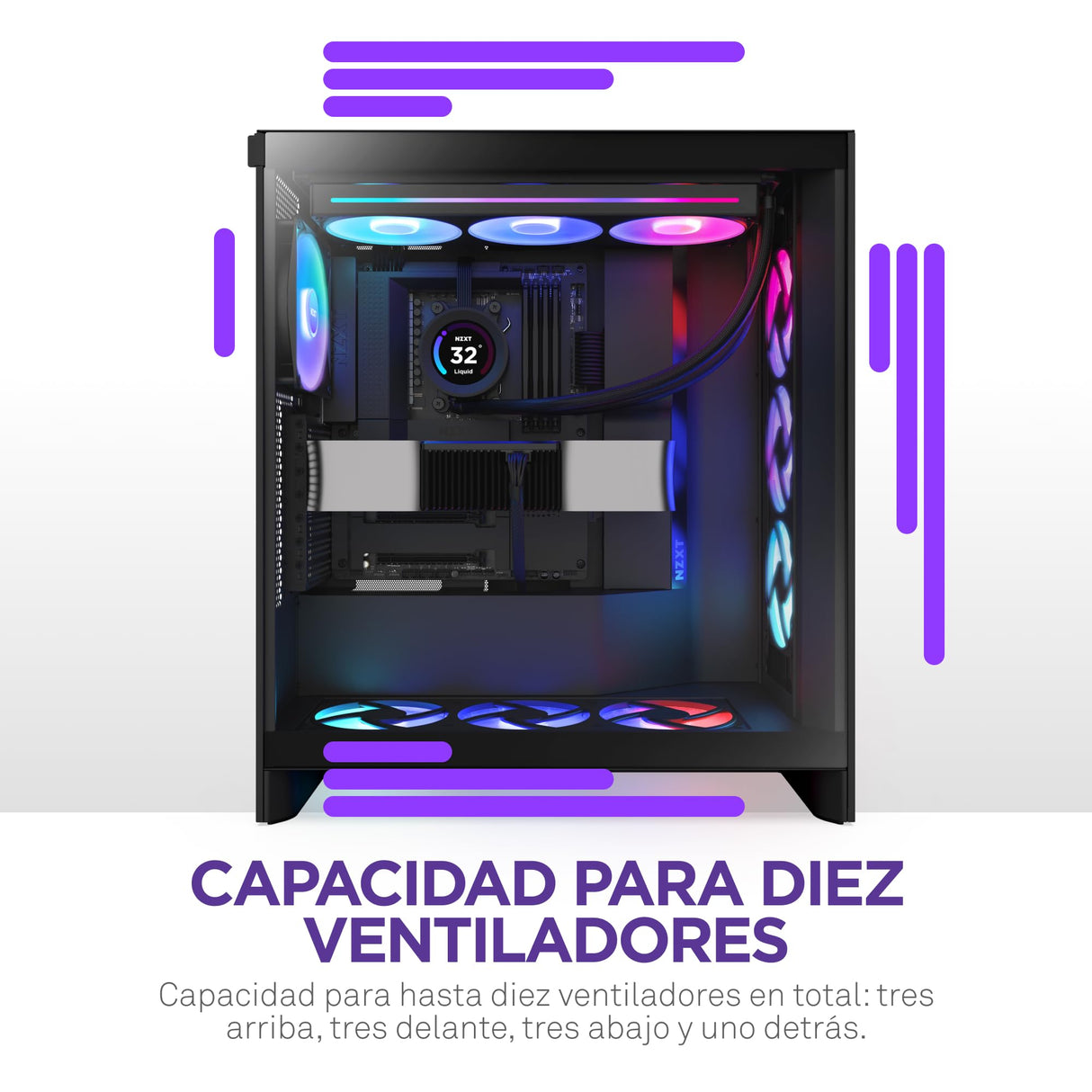 NZXT H7 Flow RGB, 2024 Semitorre ATX Flujo de Aire con Ventiladores RGB, Admite Ventiladores Inferiores para gráfica, con Unidad de Ventiladores RGB con Marco Simple 360 mm, Negro