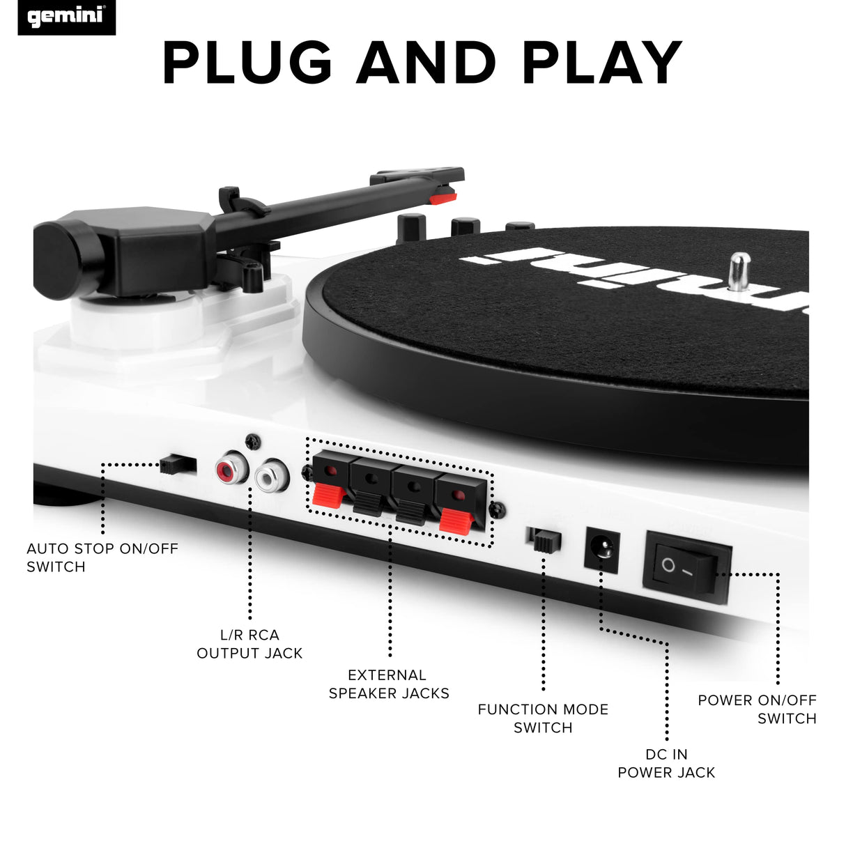 Gemini TT-900BB Stereo Turntable Music System - Belt Drive - Bluetooth input - Dual 50 Watt Stereo Speakers - Includes 45 Adapter (White)