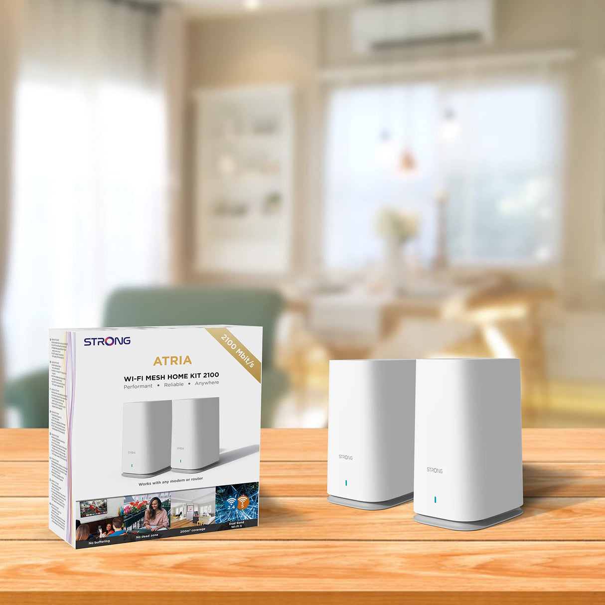 Strong, MESHKIT2100 Atria - Sistema WiFi de 5 Malla para el hogar: Cobertura 200 m2. Más área de Sombra - Booster tu WiFi a 2100 MBps. 2 Puertos Gigabit Ethernet para Box a Internet.