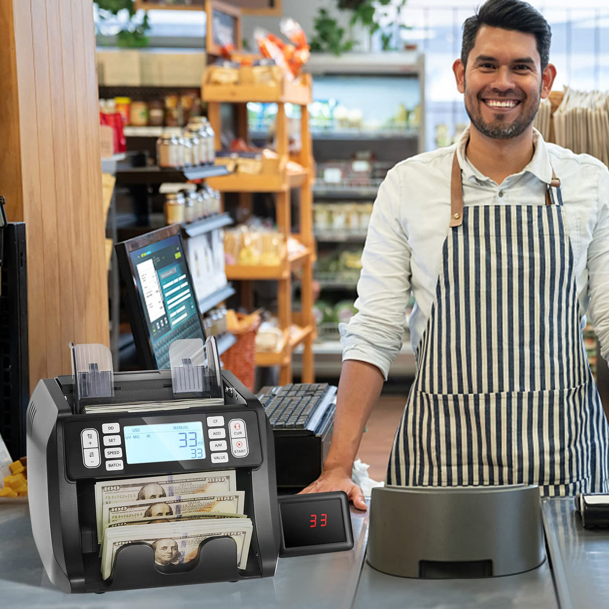 VEVOR Contador de Billetes con Detección de Falsificaciones UV, MG, IR y DD, Máquina Contadora de Efectivo en USD y EUR con Modos de Adición y Lotes, LCD Grande y Pantalla Externa