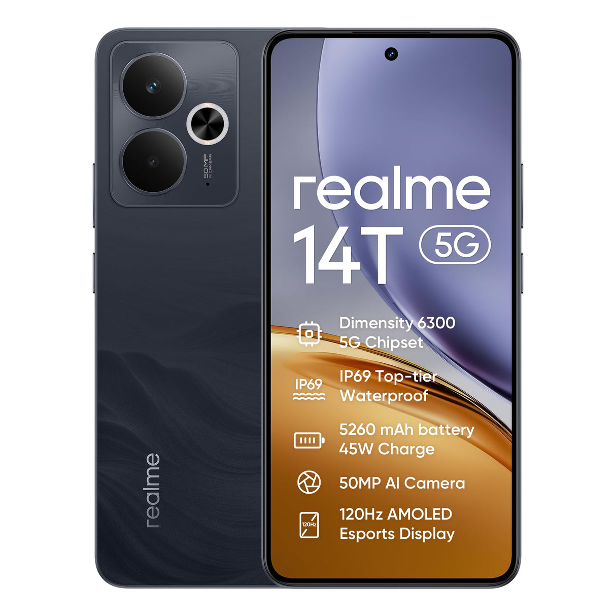 realme 14T Smartphone 5g, 8+256GB,Batería 5260 mAh,Procesador Dimensity 6300,IP69, Cámara de 50MP,Pantalla AMOLED para Esports de 120 Hz,Negro obsidiana,Exclusivo de Amazon (Sin Adaptador)