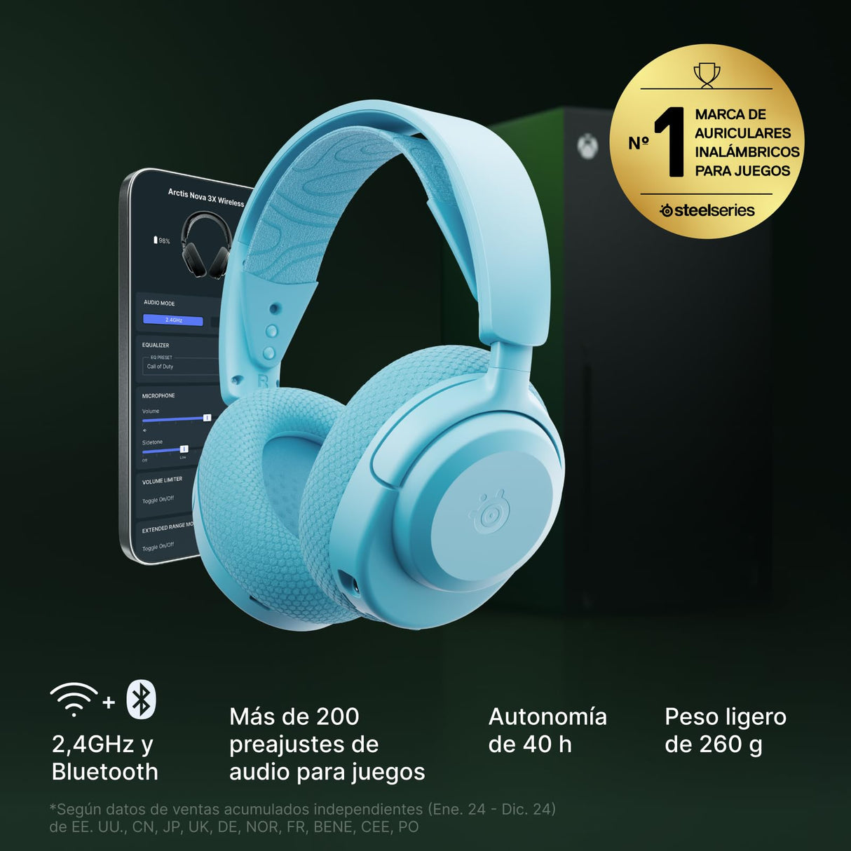 SteelSeries Arctis Nova 3X Wireless Gaming-Headset – App-Steuerung – 40 Std. Akku – Neodym-Magnet-Treiber – 2,4 GHz/Bluetooth – Abnehmbares Mikrofon – Xbox, PS5, PC, Switch, Mobilgeräte Aqua
