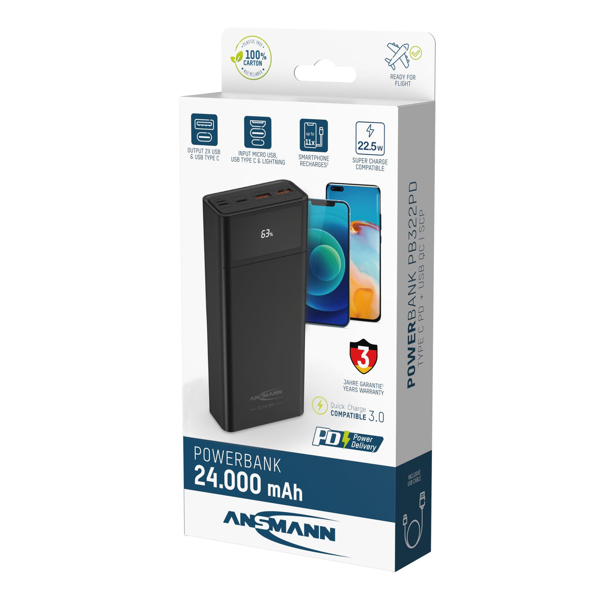 Ansmann PB322PD Powerbank 24000 mAh LiPo USB-A USB-C Schwarz (1700-0153) Marca