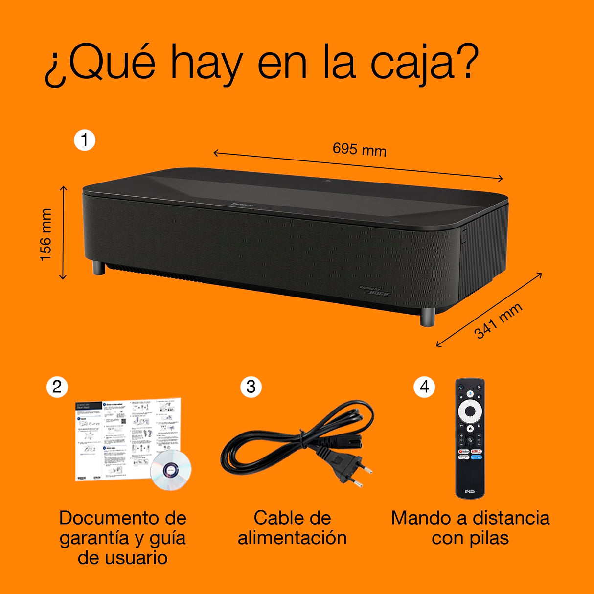 Epson Lifestudio Grand Plus EH‑LS970B | Proyector TV Láser de Ultracorto Alcance | Cine en Casa 4K | 4.000 Lúmenes | Imagen IA | Sonido BOSE | GoogleTV | Pantalla 150 Pulgadas | Garantia5 Años | Negro