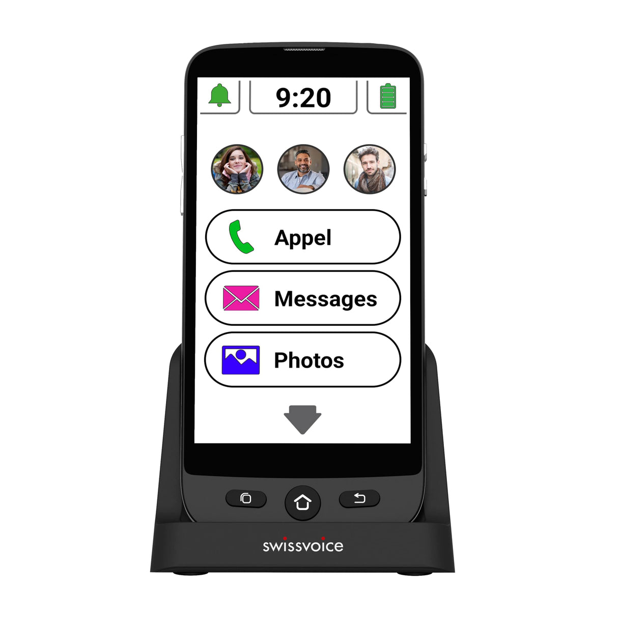 Swissvoice - Smartphone S510-C + Base de Carga + Cordón para el Cuello - Fácil de Usar - Botones Grandes - Botón de geolocalización SOS - Smartphone Seniors 4G - Libre - Negro