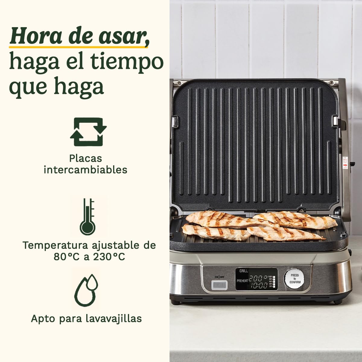 Cuisinart 6-en-1 : Gril, Plancha, Gaufrier | Plaques réversibles antiadhésives | Écran digital | SearBlast® | Bisagra ajustable, Acero inoxidable