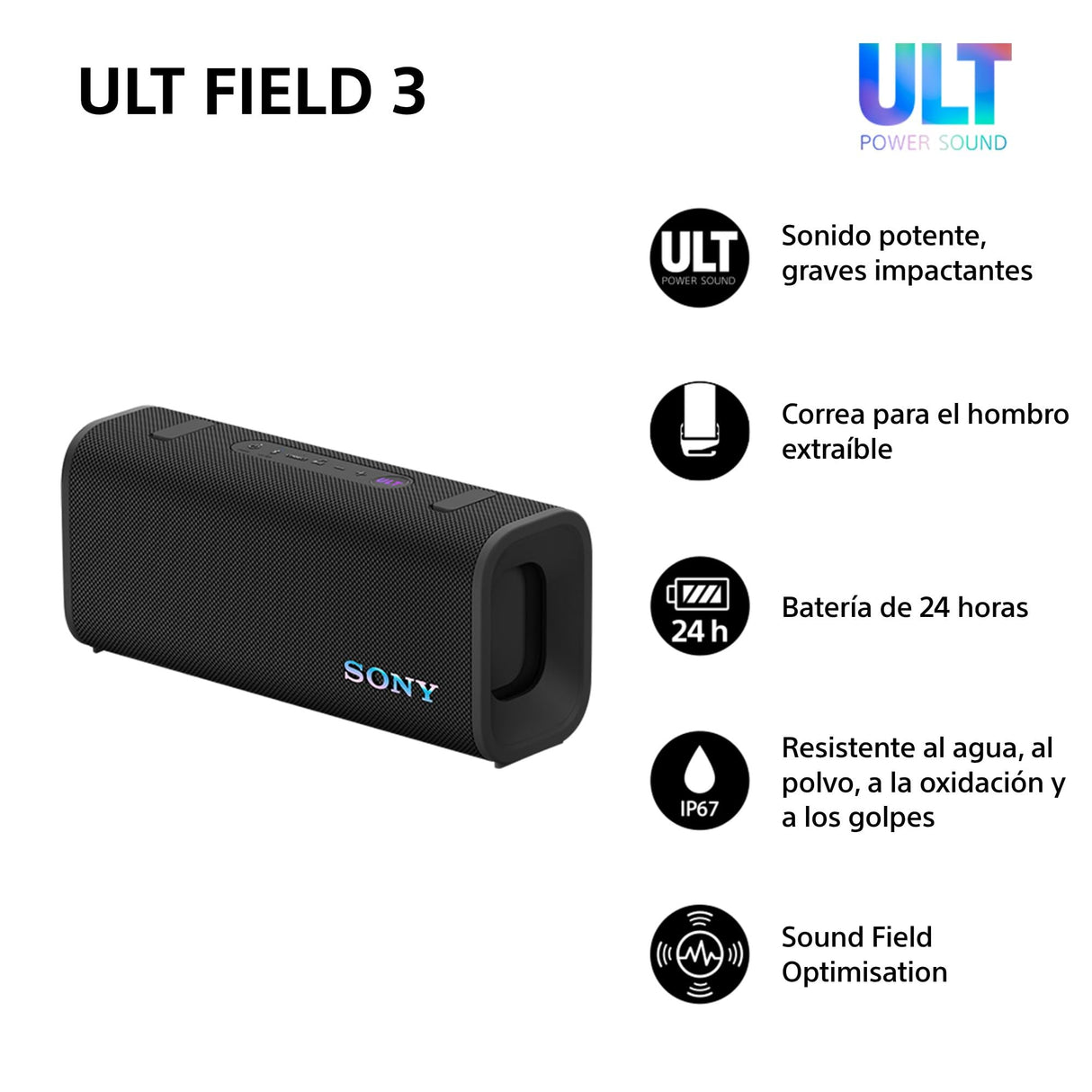 Sony ULT Field 3 - Altavoz Bluetooth portátil con ULT Power Sound, batería de 24 Horas, IP67, Resistente al Agua, al Polvo y a los Golpes, Correa Desmontable para el Hombro, Compacto - Negro
