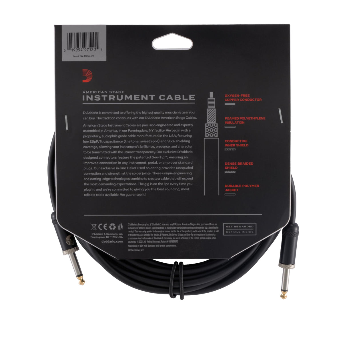 Planet Waves Cable de guitarra D'Addario American Stage, cable de instrumento con conectores de 1/4", extremo recto, 6 metros