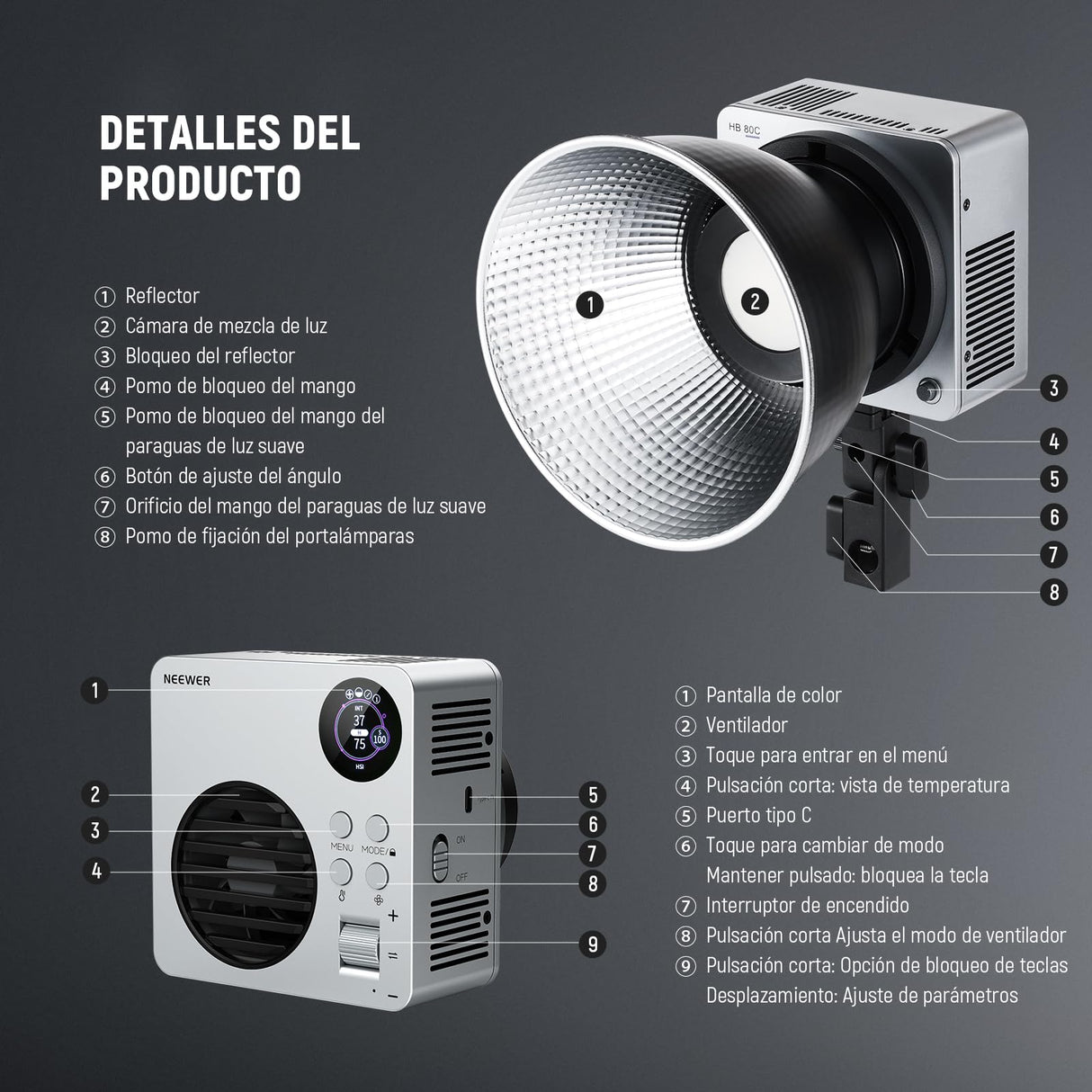 NEEWER HB80C - Iluminación de vídeo LED RGBWW 80 W, Incluye batería de 72 W, Cargador rápido PD 100 W, Control App/2,4 G, 10400 Lux/m 2500 K-7500 K, Montura Bowens Mini, para Estudio fotográfico,