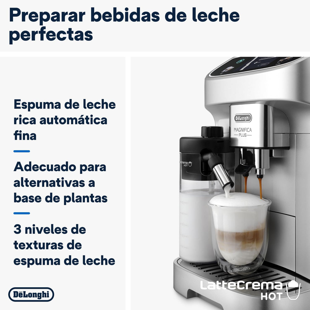 De'Longhi Magnifica Plus ECAM322.70.SB. Cafetera Superautomática con Sistema Leche LatteCrema Hot para Cappuccino Automático, 18 Recetas, Pantalla Táctil Color, Función Extra Shot, 1450W, Plata/Negro