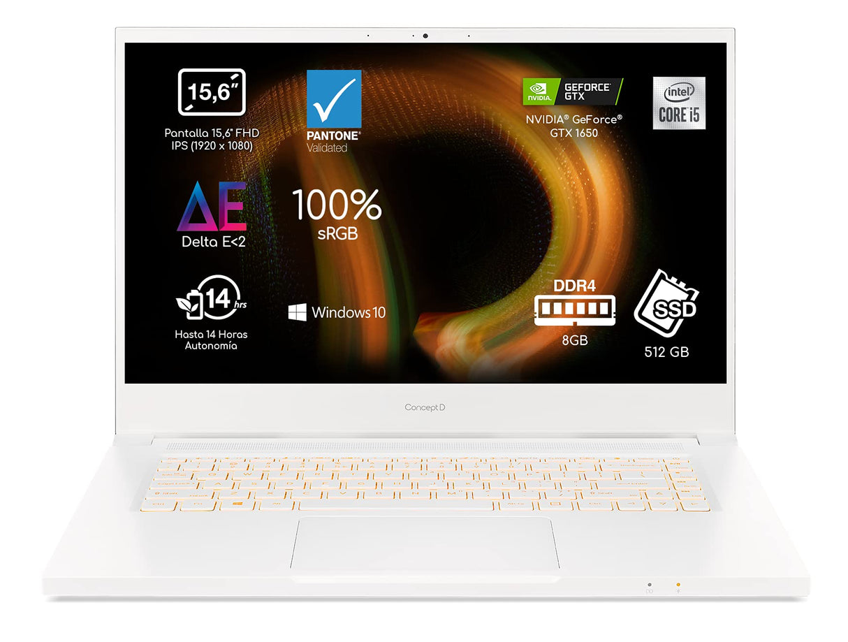 Acer ConceptD 3 CN315-72G - Ordenador Portátil 15.6" Full HD IPS, Laptop (Intel Core i5-10300H, 8GB RAM, 512GB SSD, NVIDIA GeForce GTX 1650, Windows 10 Home), PC Portátil Blanco - Teclado QWERTY