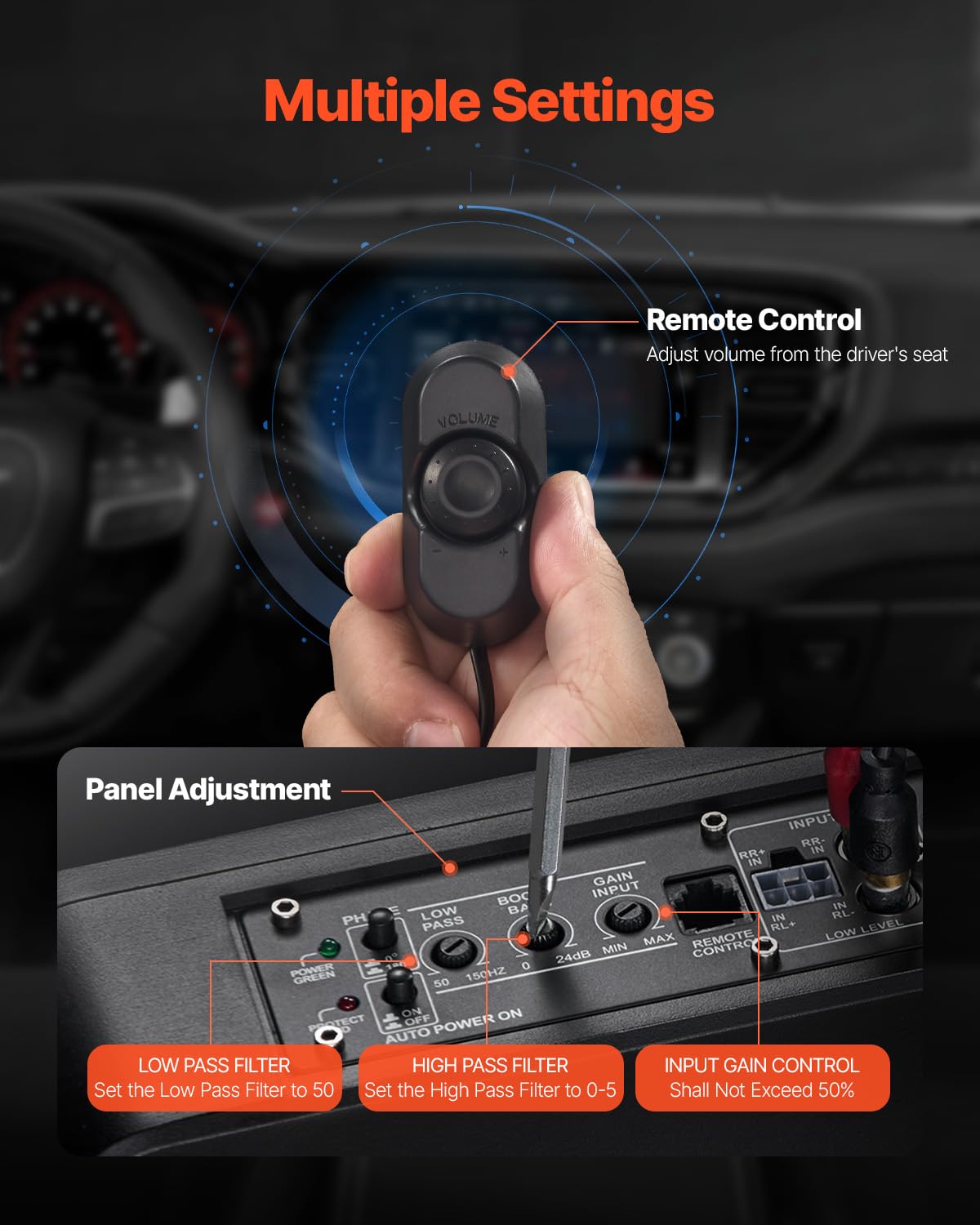 VEVOR Subwoofer para Debajo del Asiento para Automóvil 254 mm 300 W Altavoz Compacto para Coche Amplificador Incorporado Entrada Bajo Controlador de Volumen Control Remoto con Cable