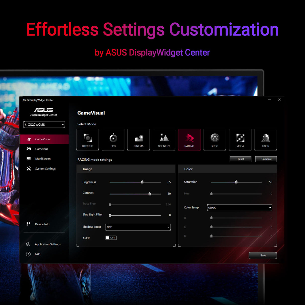 ASUS ROG Strix XG27WCMS Monitor Gaming, USB Tipo-C de 27 Pulgadas, 2560 x 1440, Curvo, 280 Hz overclock, 1 ms GTG, ELMB, USB Tipo-C, FreeSync Premium, DisplayWidget Center, Toma para trípode, HDR
